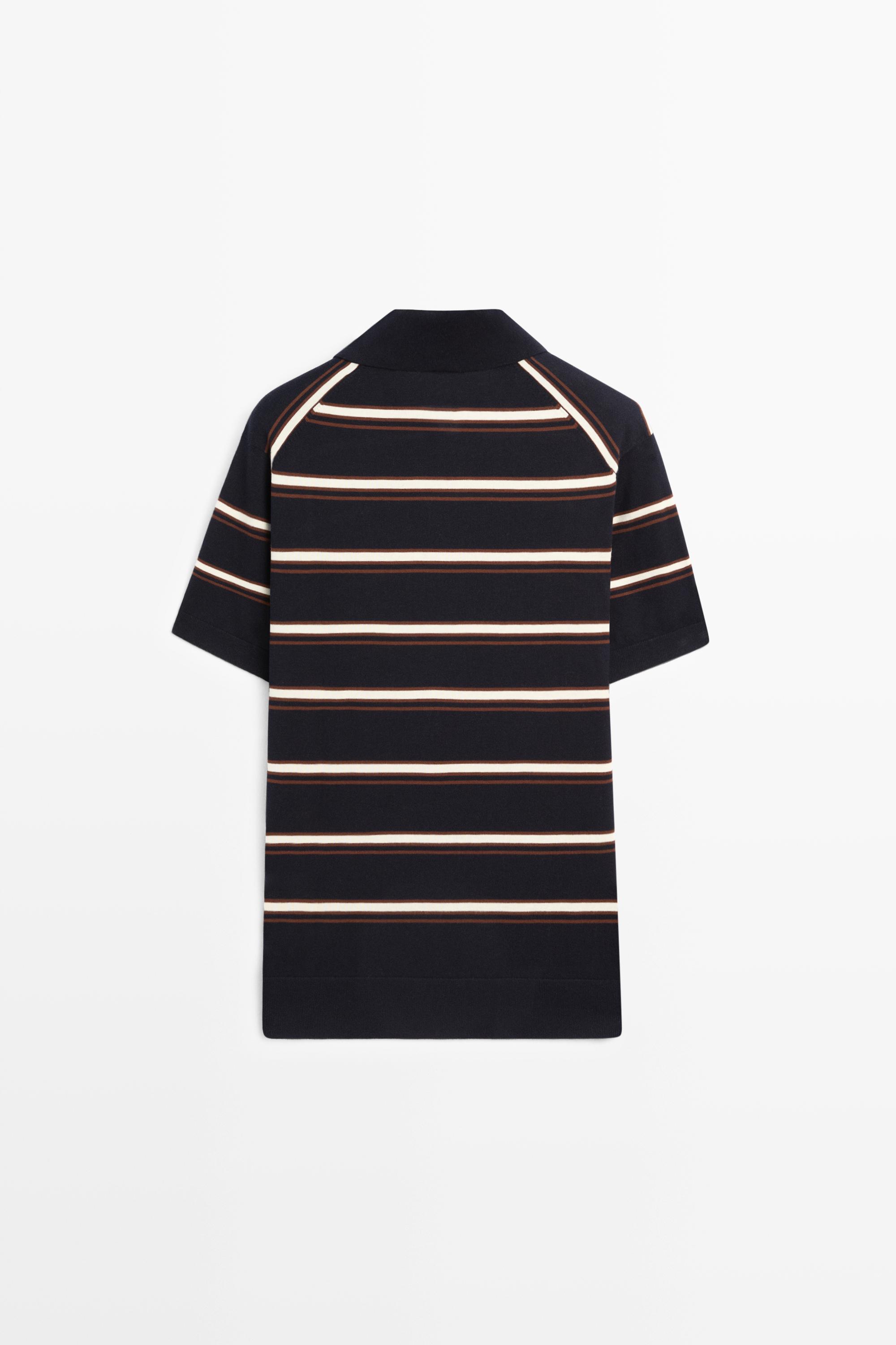 Striped V-neck knit polo shirt — NAVY BLUE