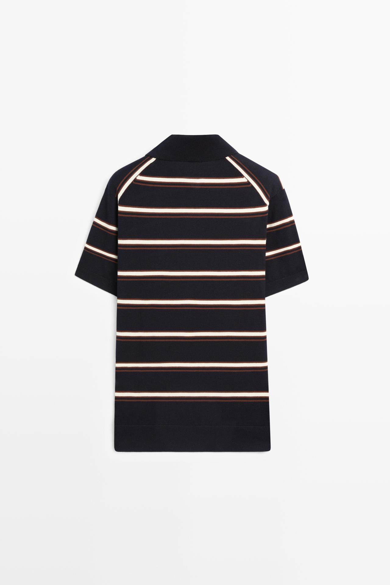Striped V-neck knit polo shirt — NAVY BLUE