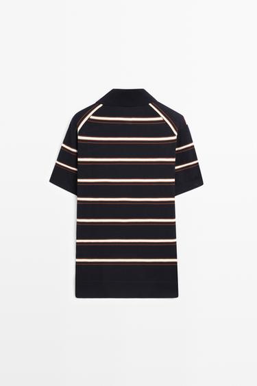 Striped V-neck knit polo shirt — NAVY BLUE 6