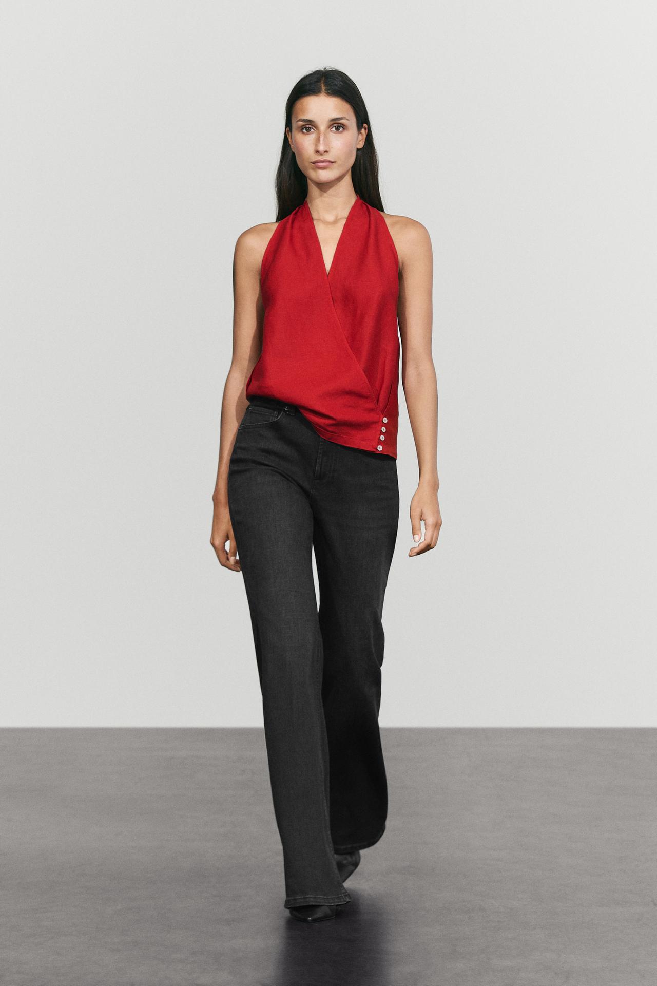 100% linen wrap top with button detail — RED