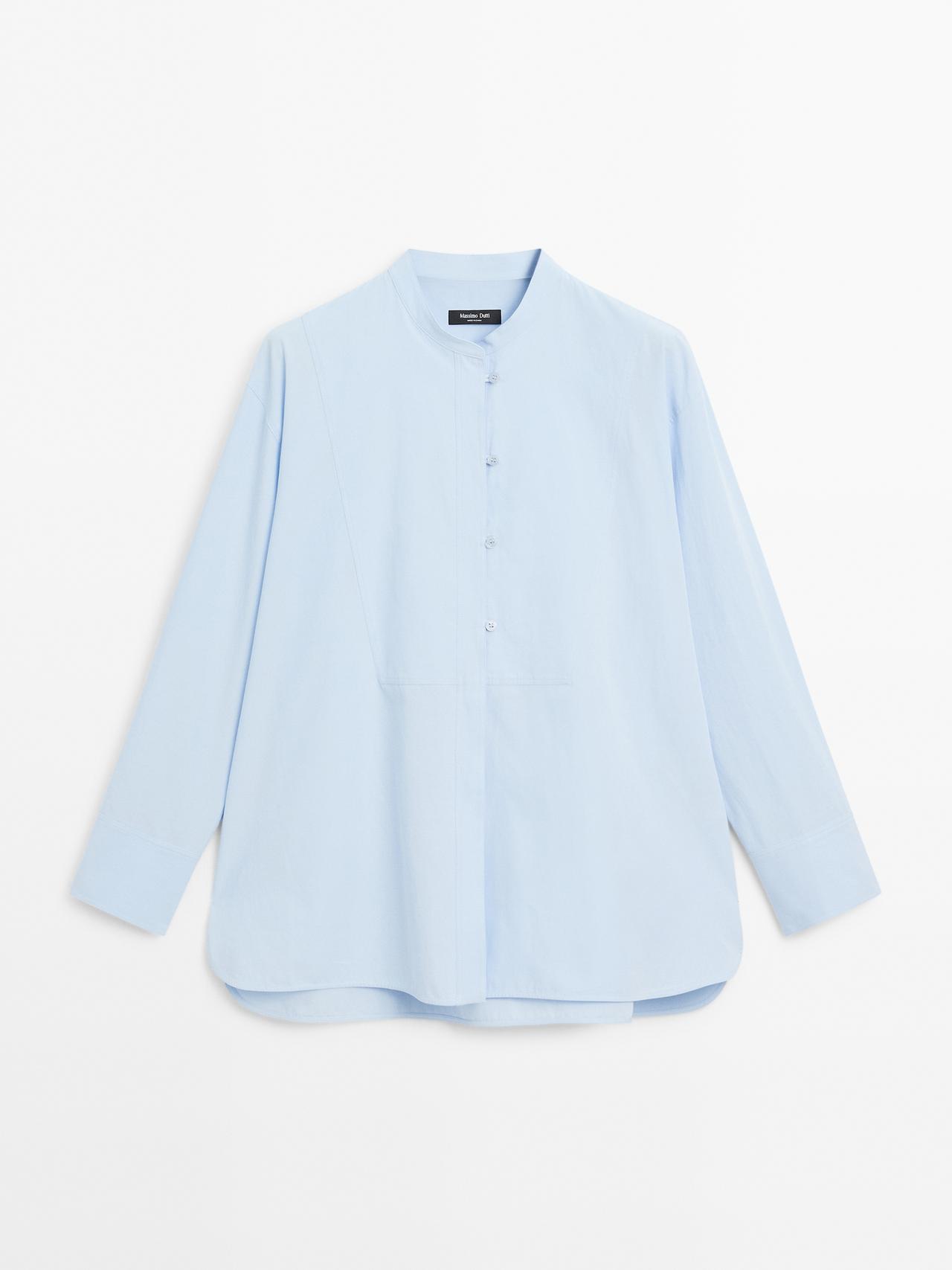 Massimo Dutti - Dame - Skjorte Med Ståkrave Og Bryststykke - Lys Blå - S