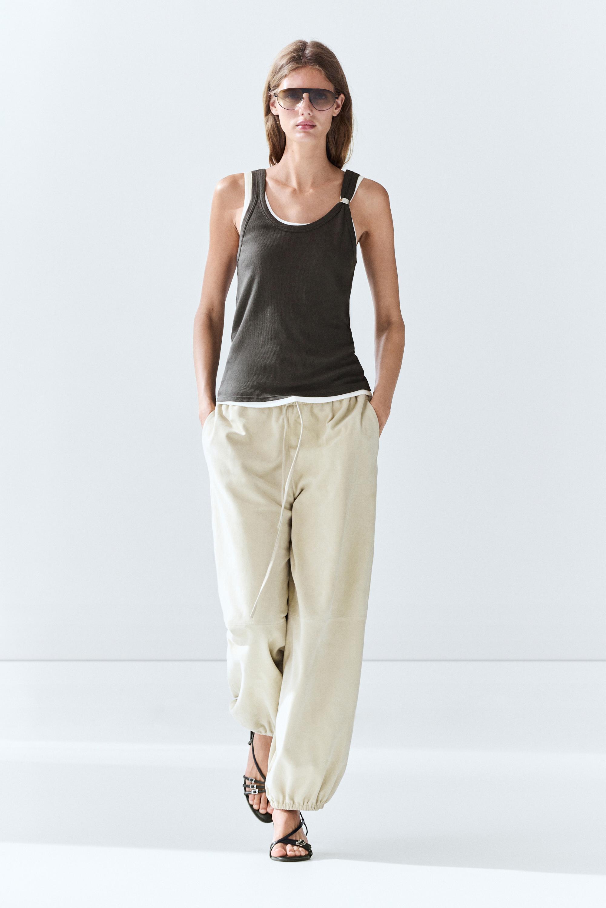 Double-layer strappy top with jewel detail — BROWN