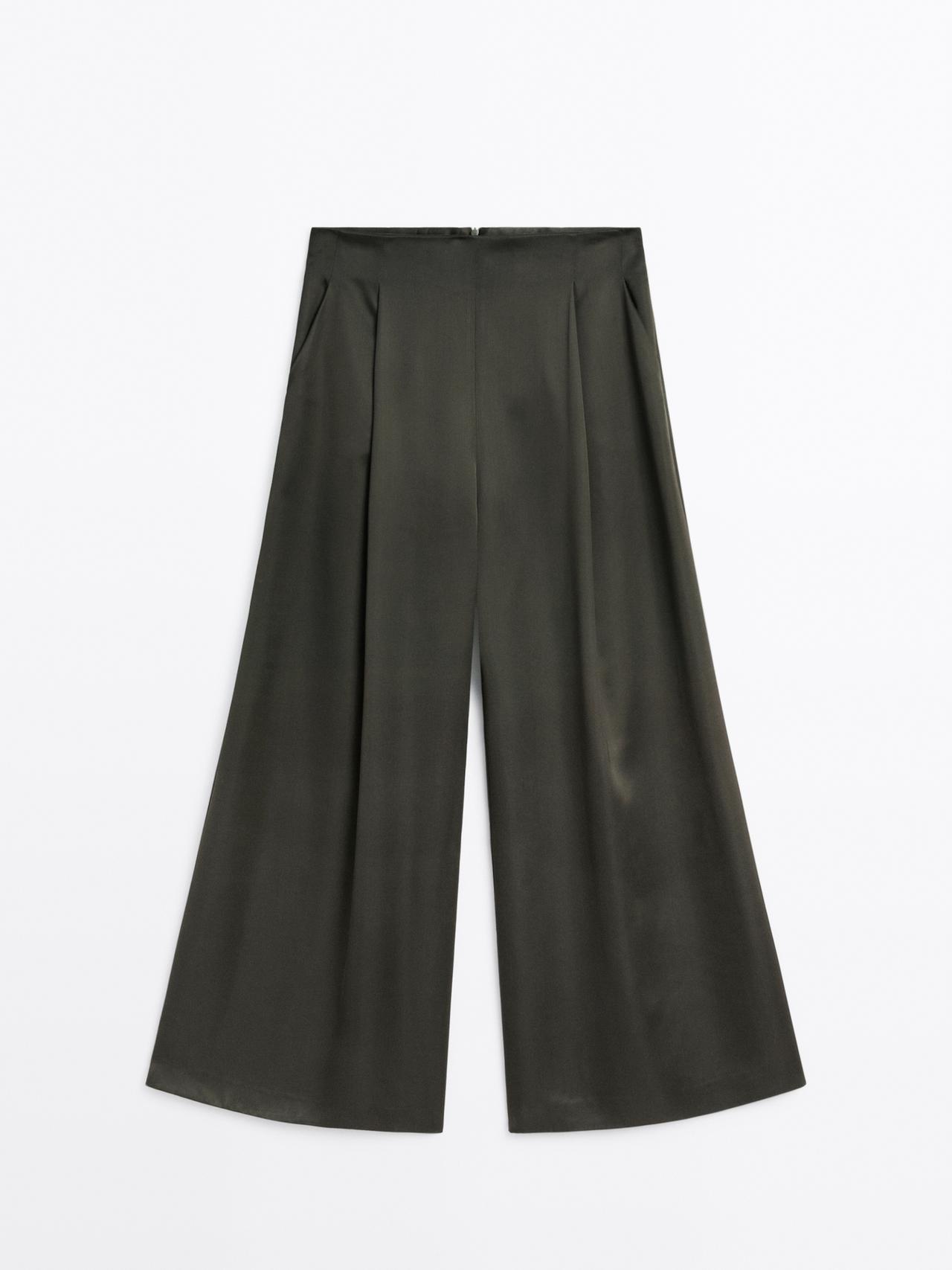 Massimo Dutti - Dame - Bukser I Satin Med Brede Ben – Studio - Mørkegrøn - 40