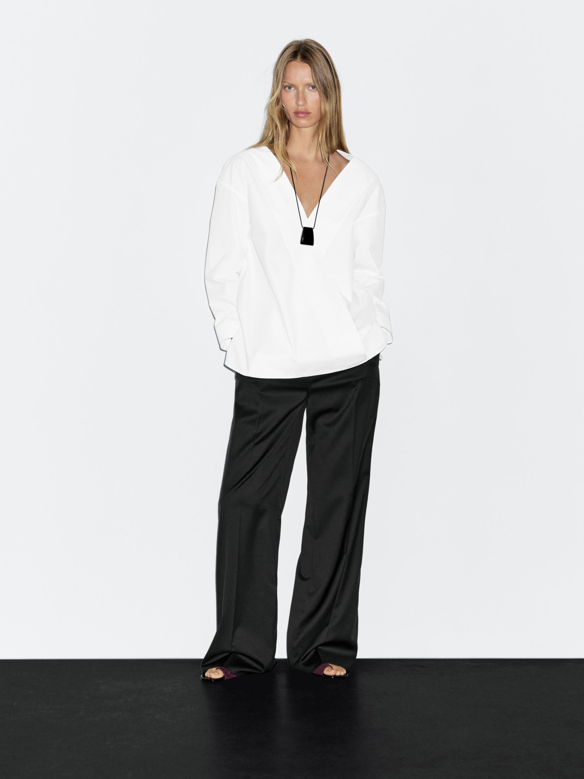 Blusa Cruzada 100% Algodón - Blanco - S - Massimo Dutti - Mujer