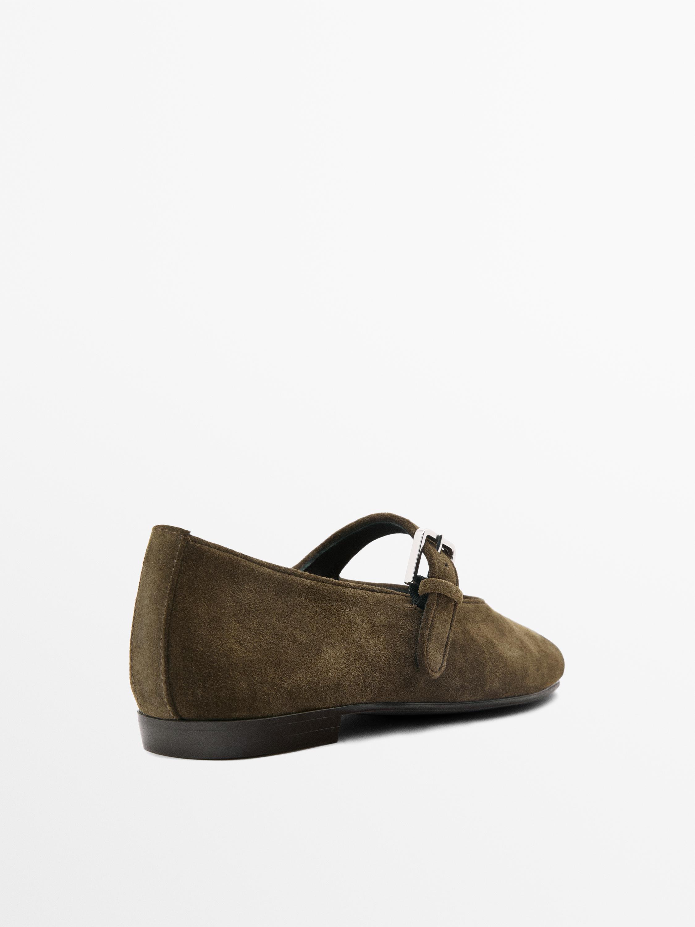 Split leather ballet flats — KHAKI
