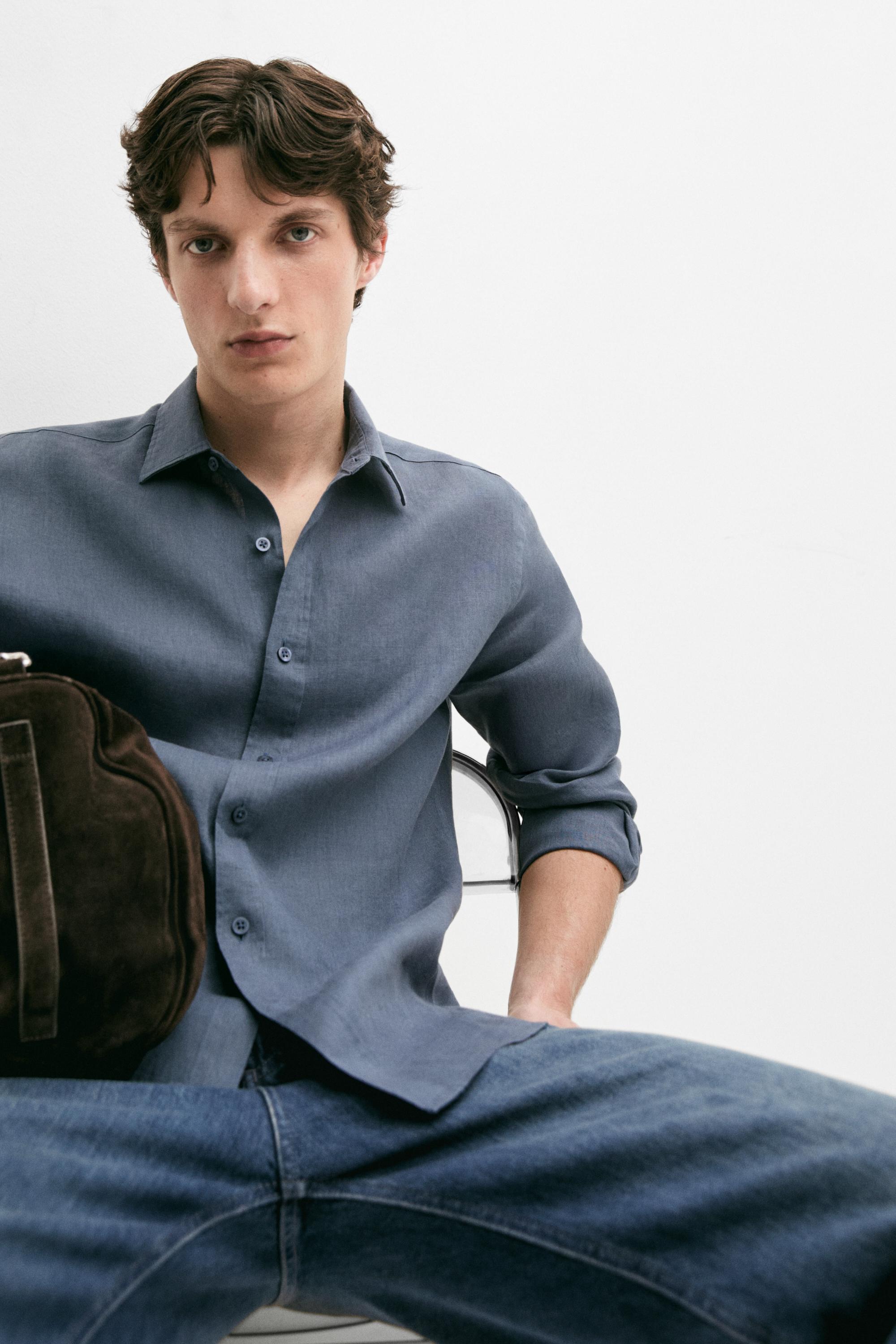 100% linen slim fit shirt — DARK BLUE