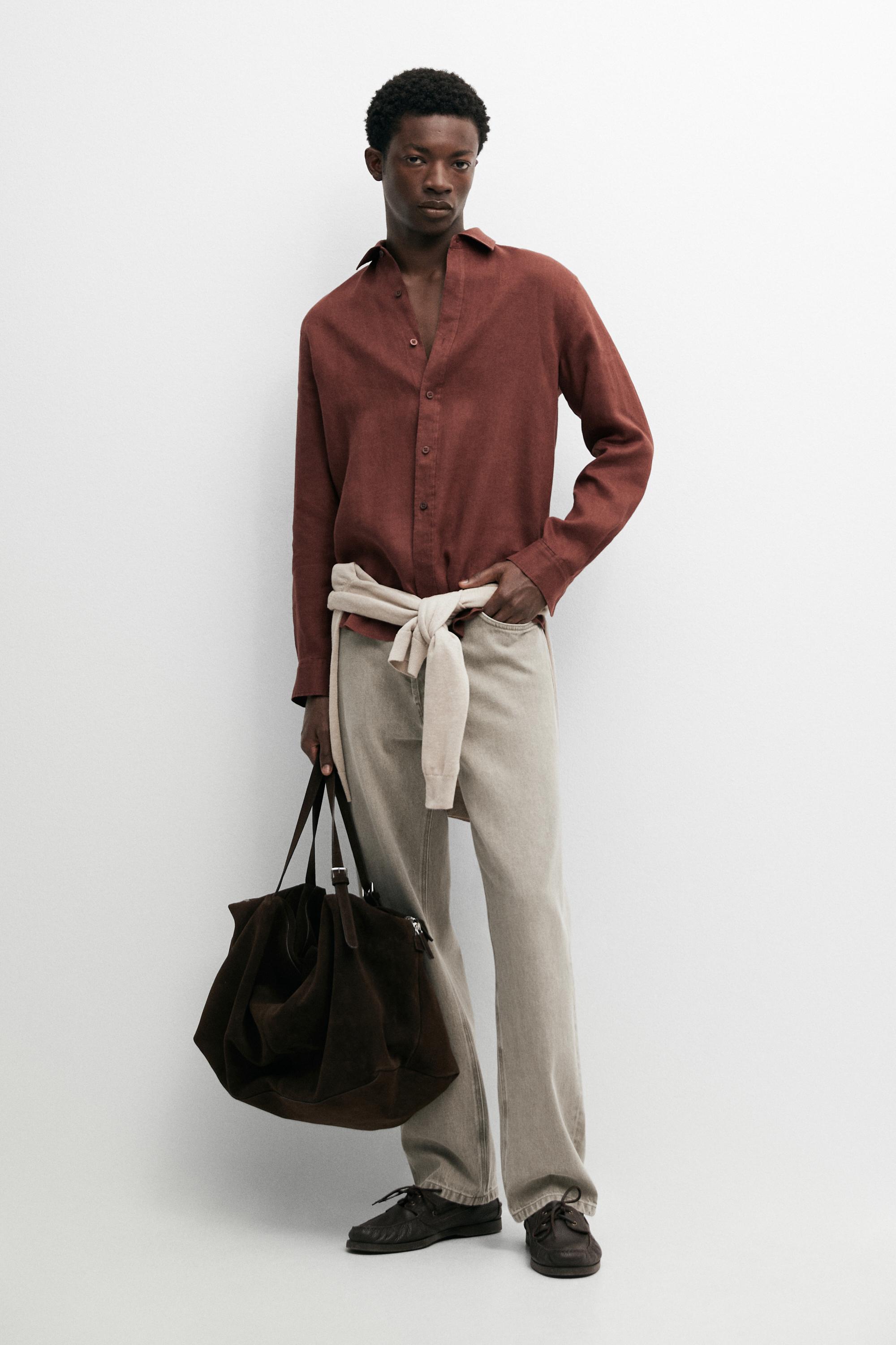 100% linen slim fit shirt — TERRA-COTTA