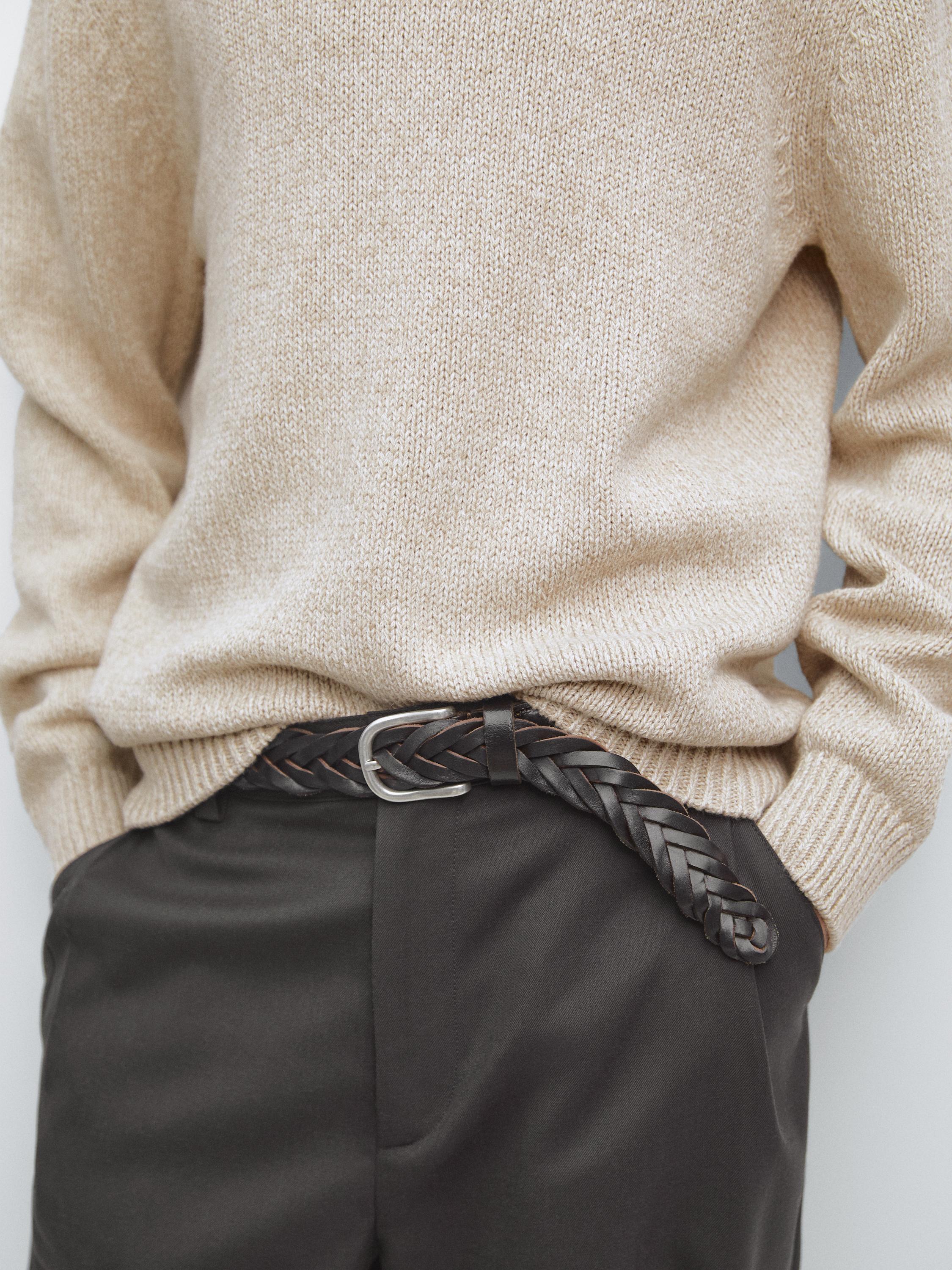 Cotton blend knit crew neck sweater — BEIGE