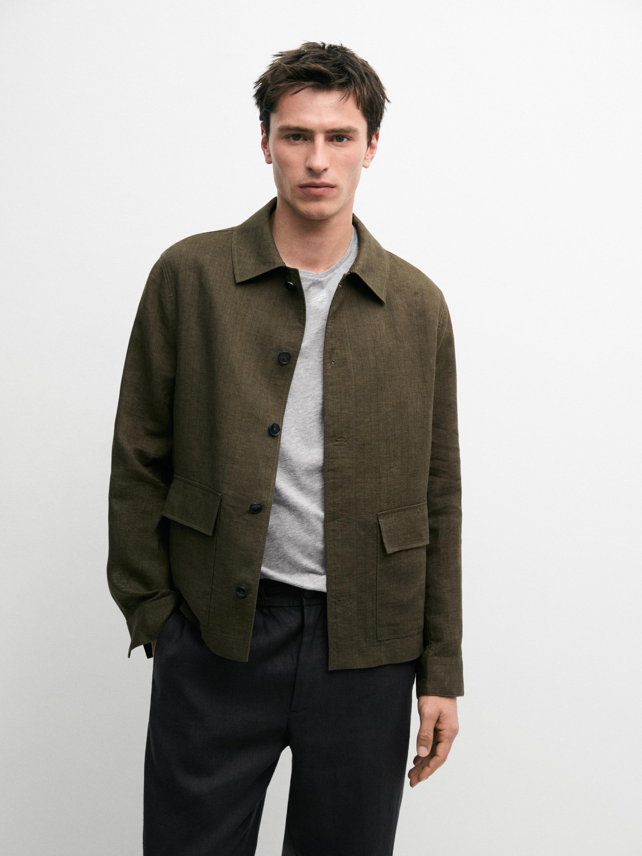 100% linen overshirt with pockets and striped detail — GREEN