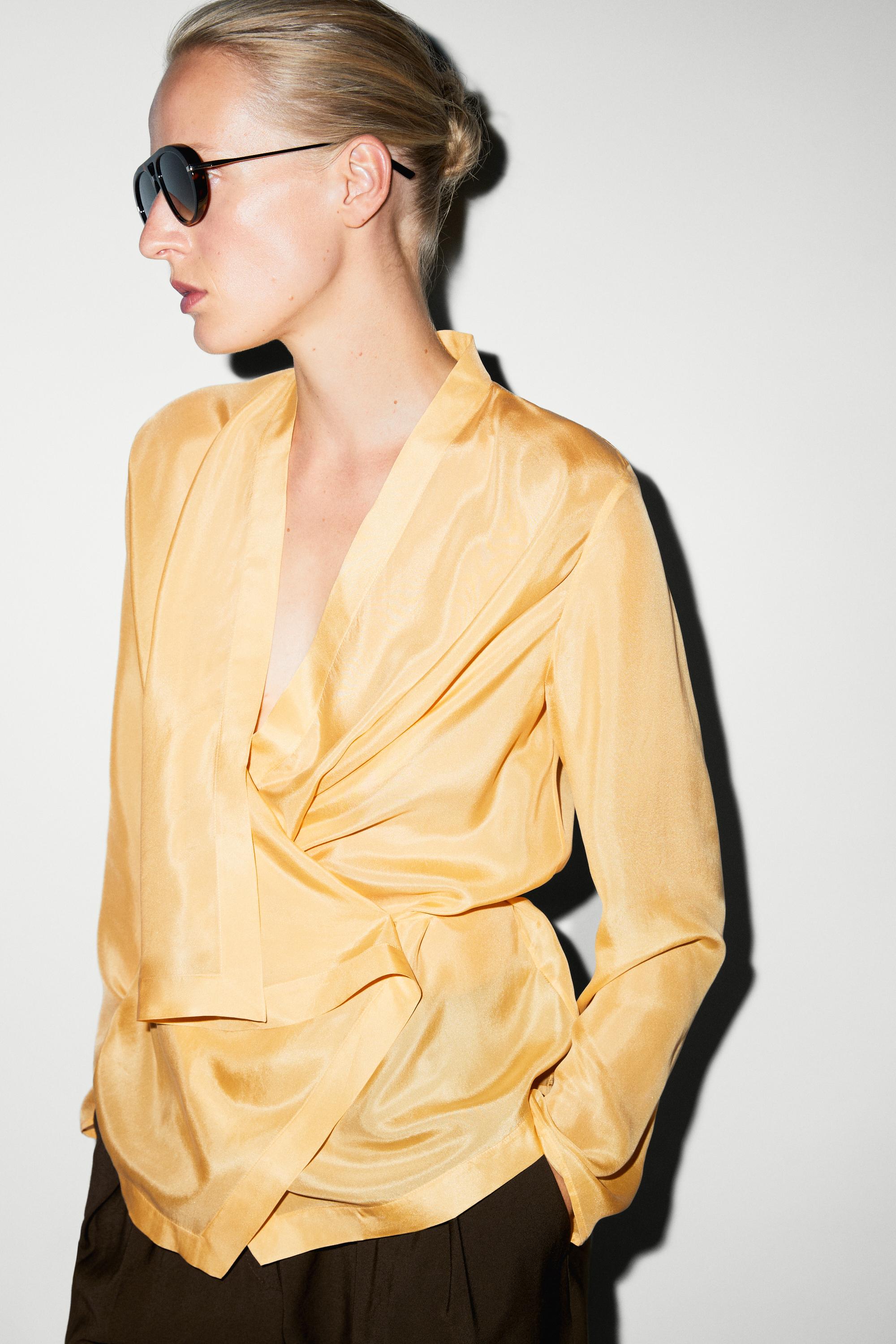 100% silk flowing wrap shirt — Mustard