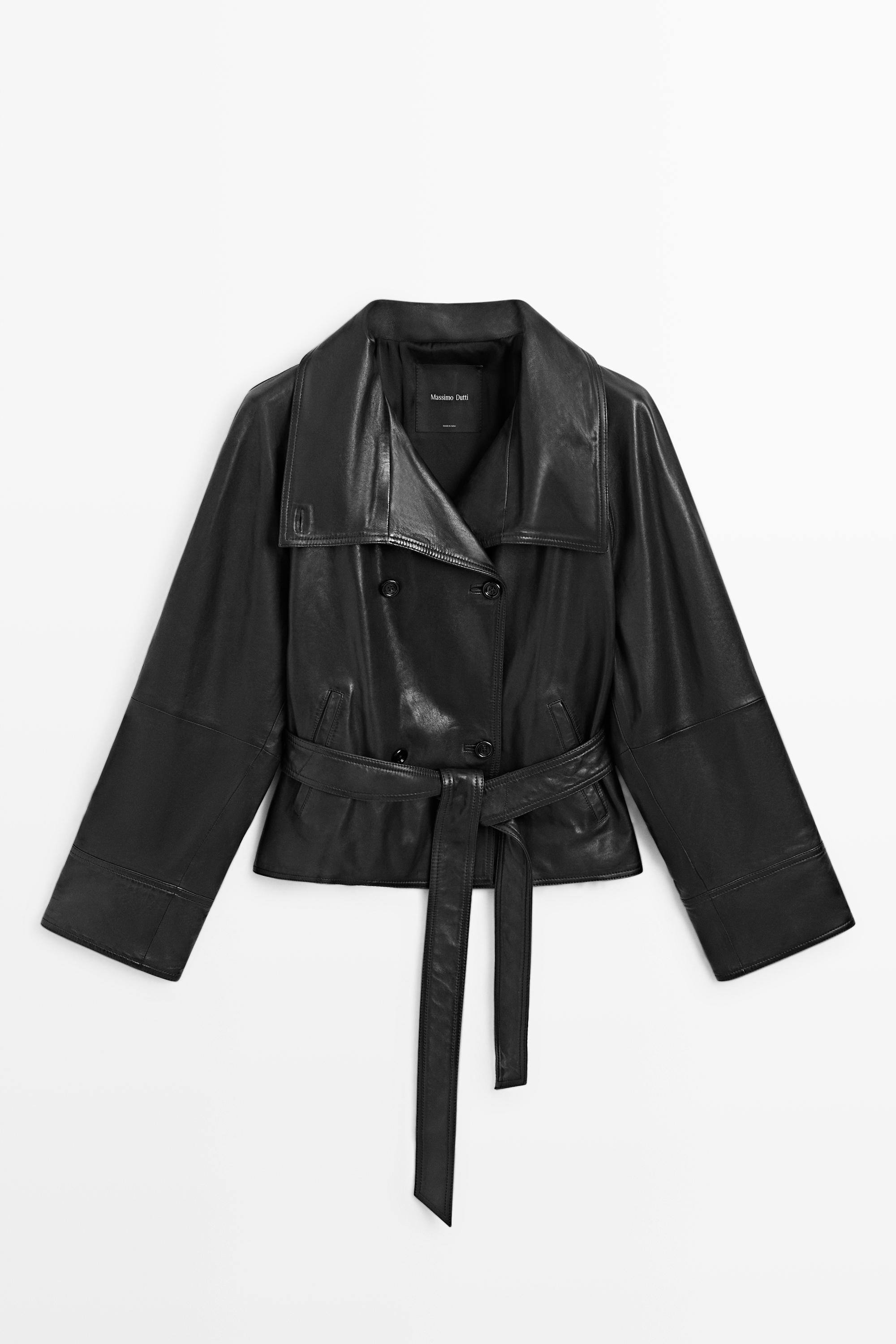 Short high neck leather trench coat