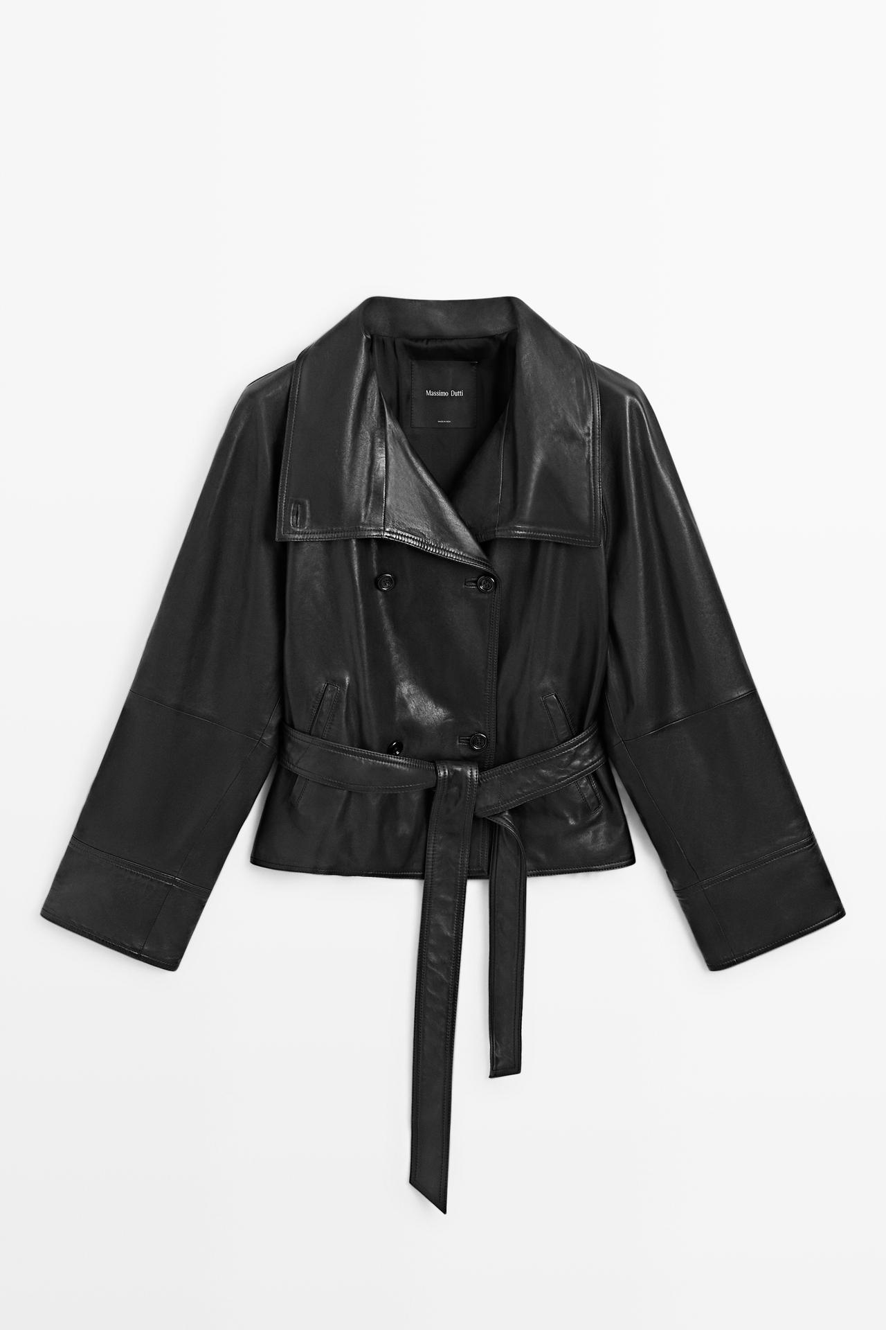 Short belted leather jacket — BLACK
