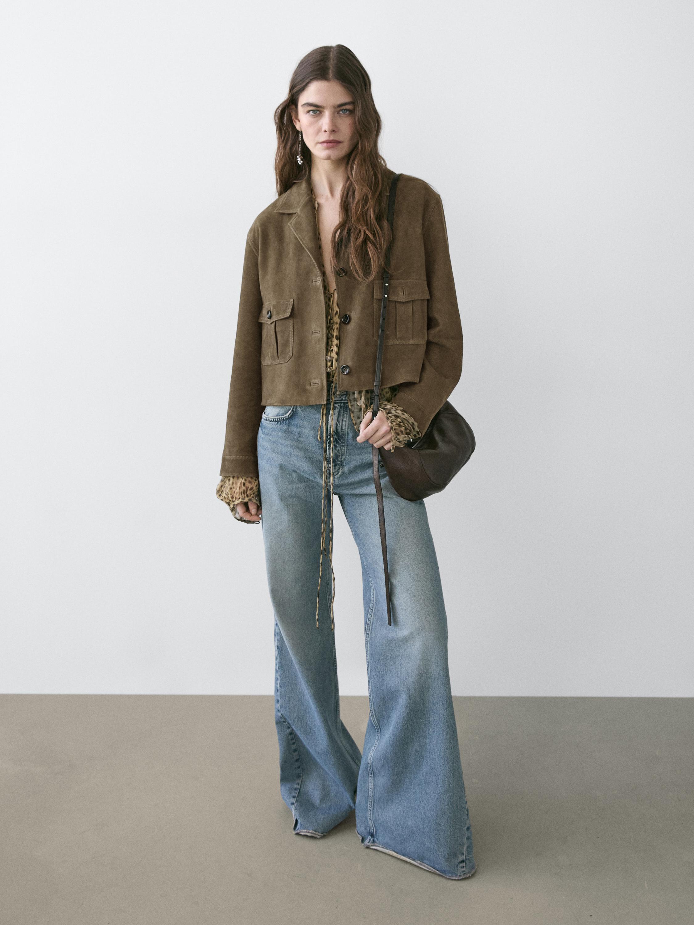Short suede leather jacket — KHAKI