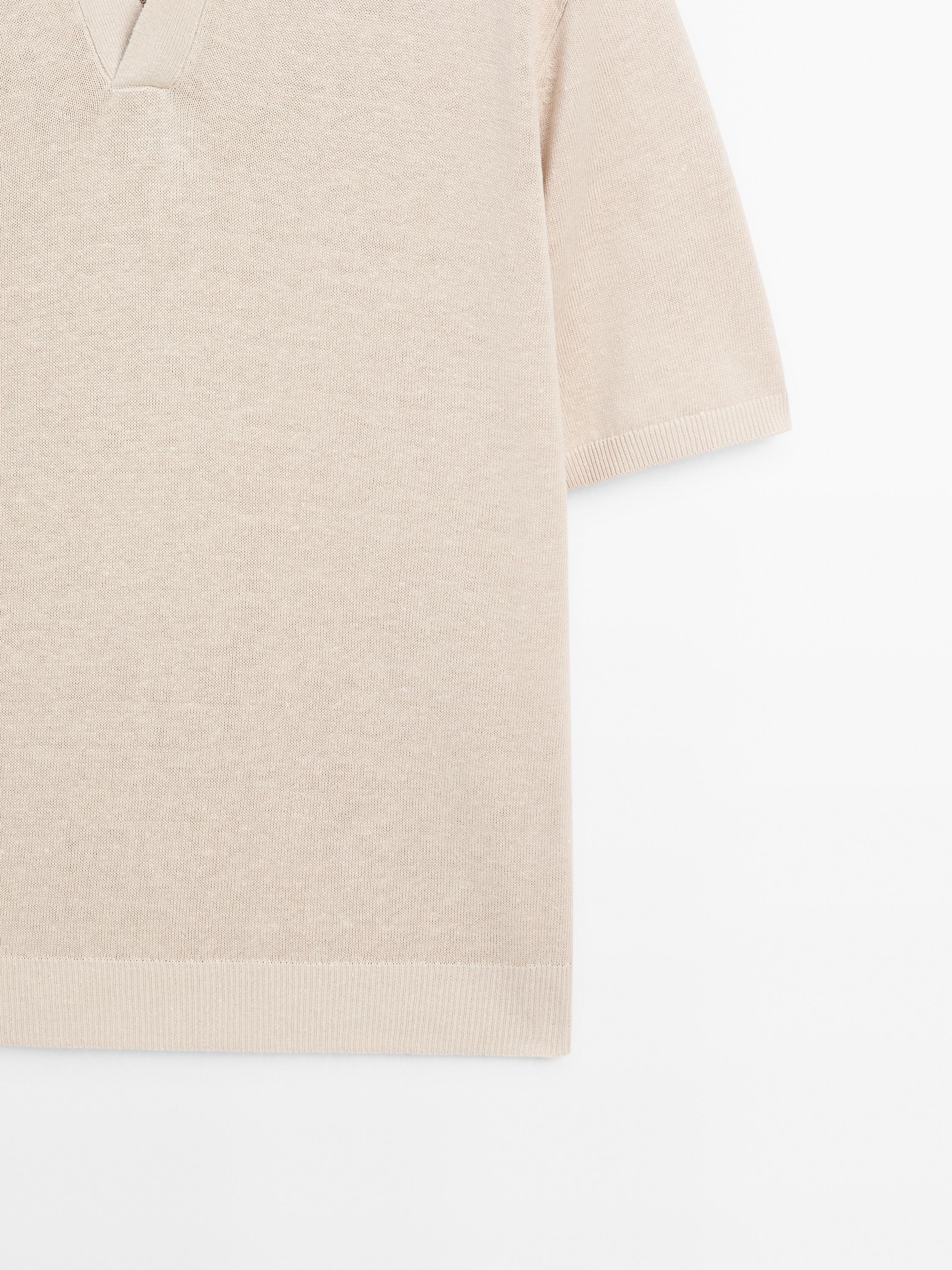 Cotton and linen blend knit V-neck polo shirt
