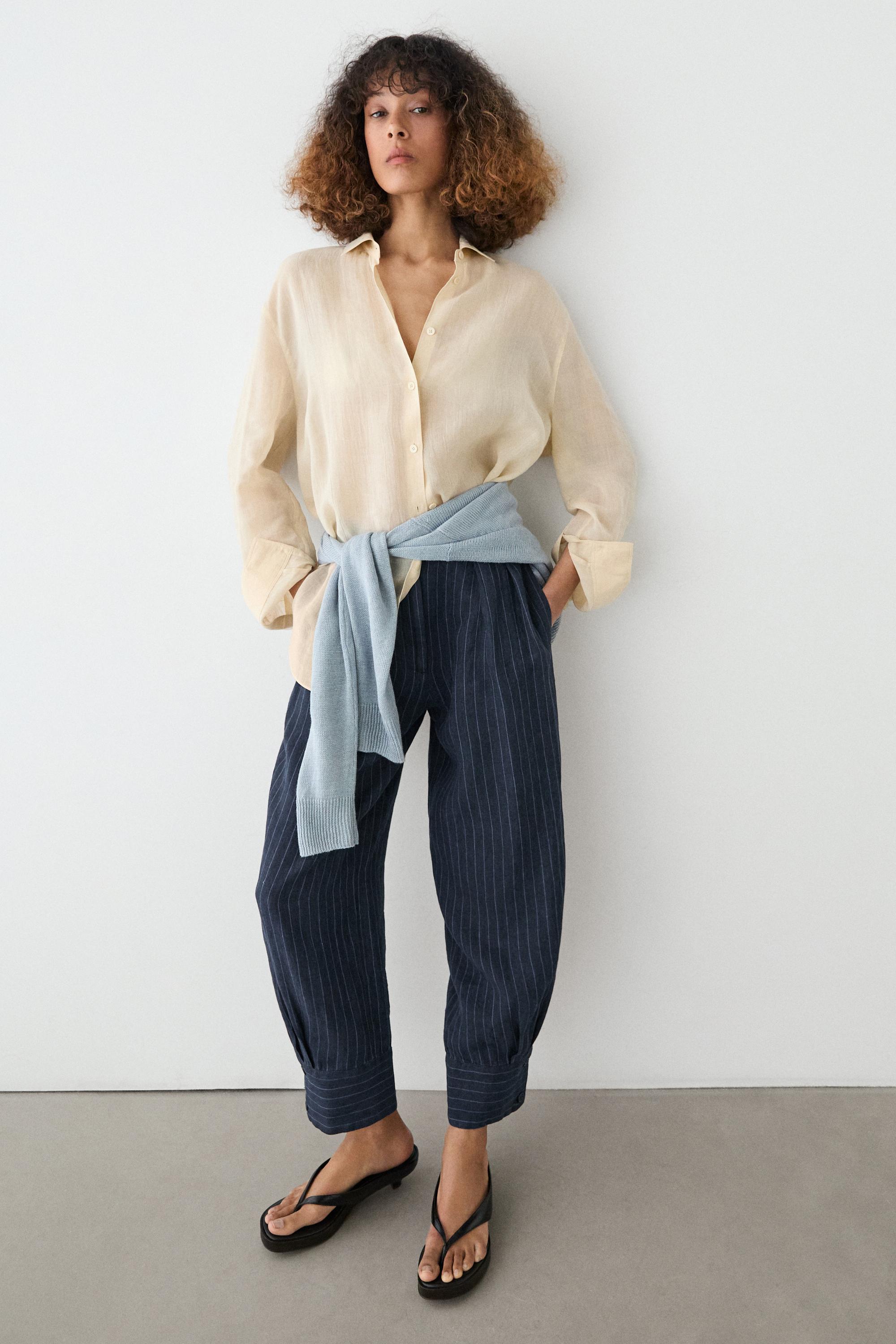 Çizgili keten şalvar pantolon