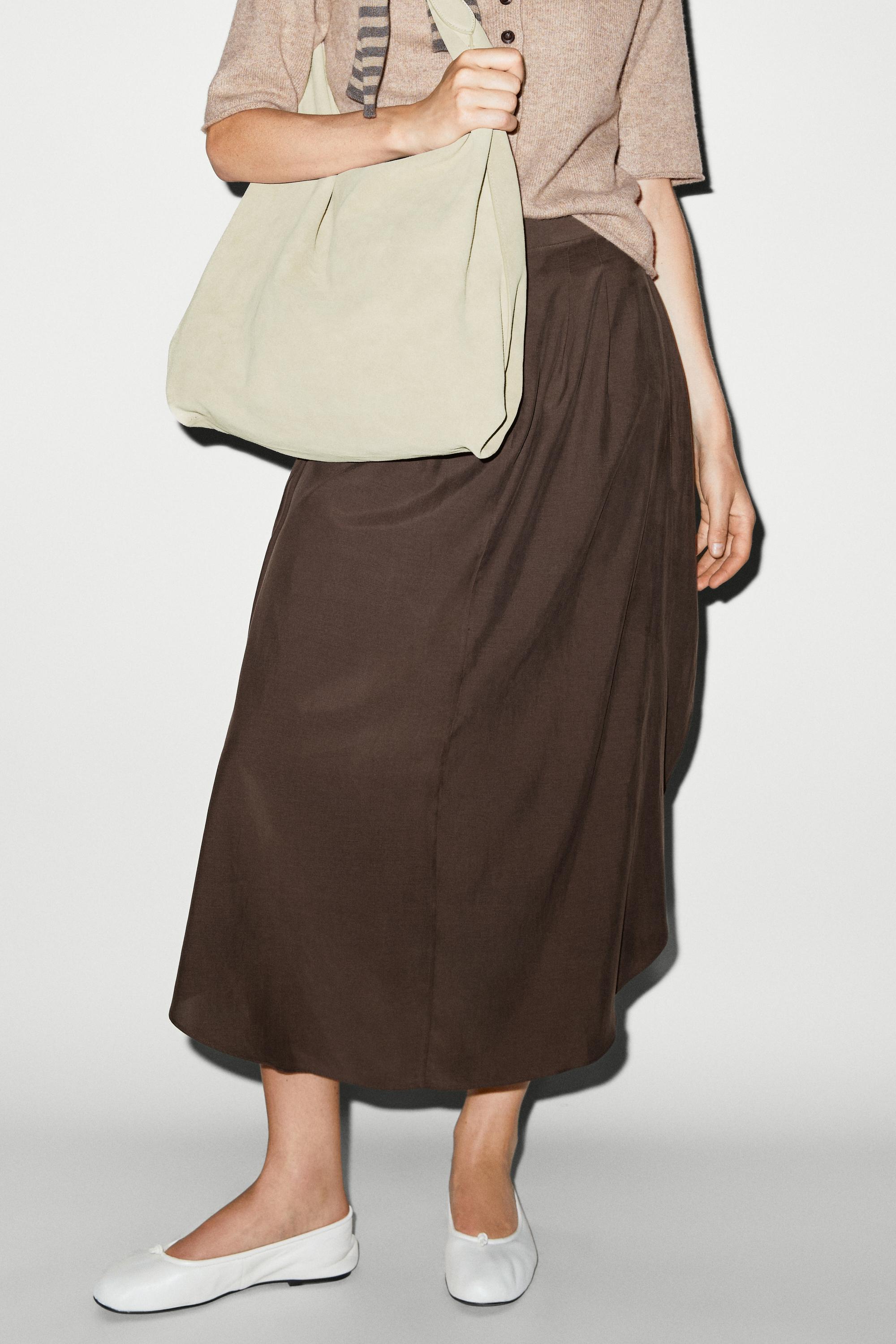 Flowing pleated midi skirt — BROWN