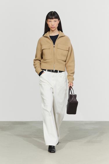 Zip-up knit cardigan with cotton — CAMEL 1