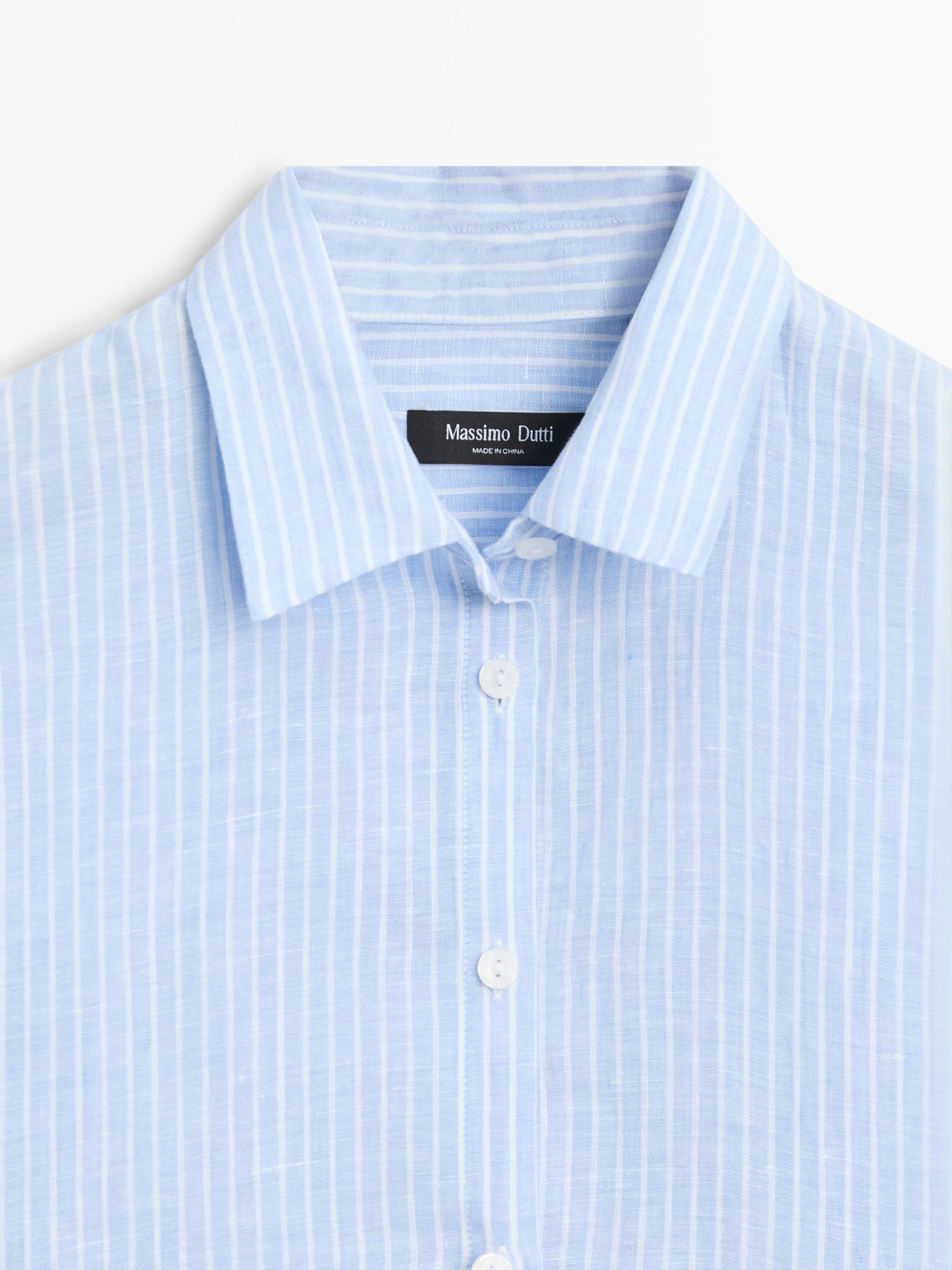 Flowing striped 100% linen shirt — SKY BLUE