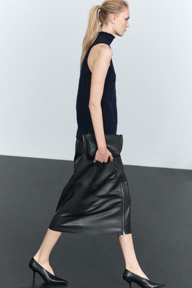 Nappa leather zip-front midi skirt — BLACK 5