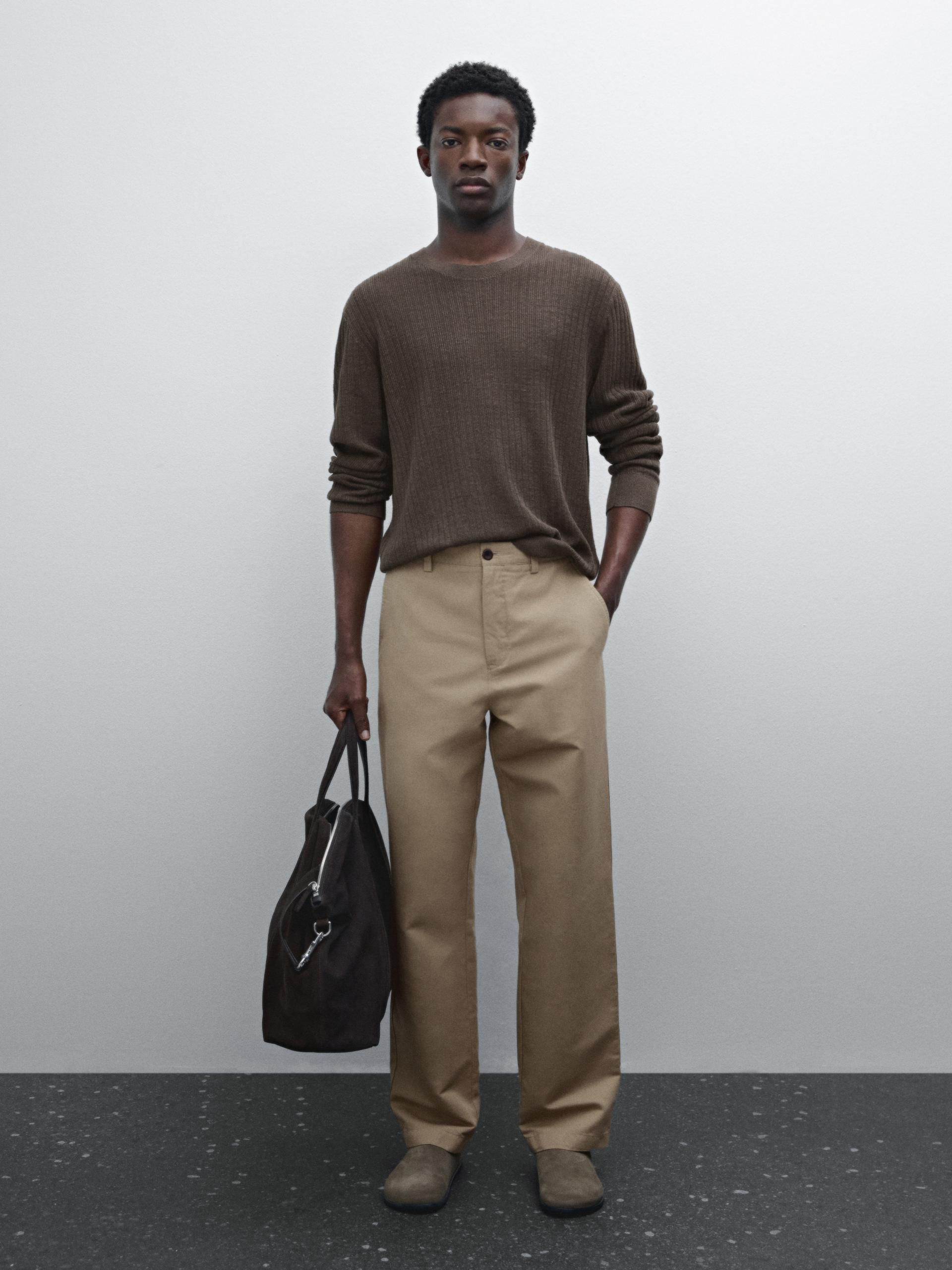 Pull En Maille Côtelée 100 % Lin - Moka - M - Massimo Dutti - Homme