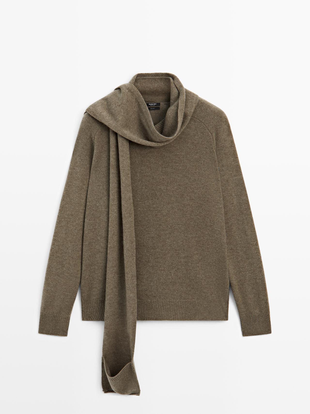 Massimo Dutti - Dames - 100% Wollen Tricot Trui Met Sjaal En Zak - Groen - Xs