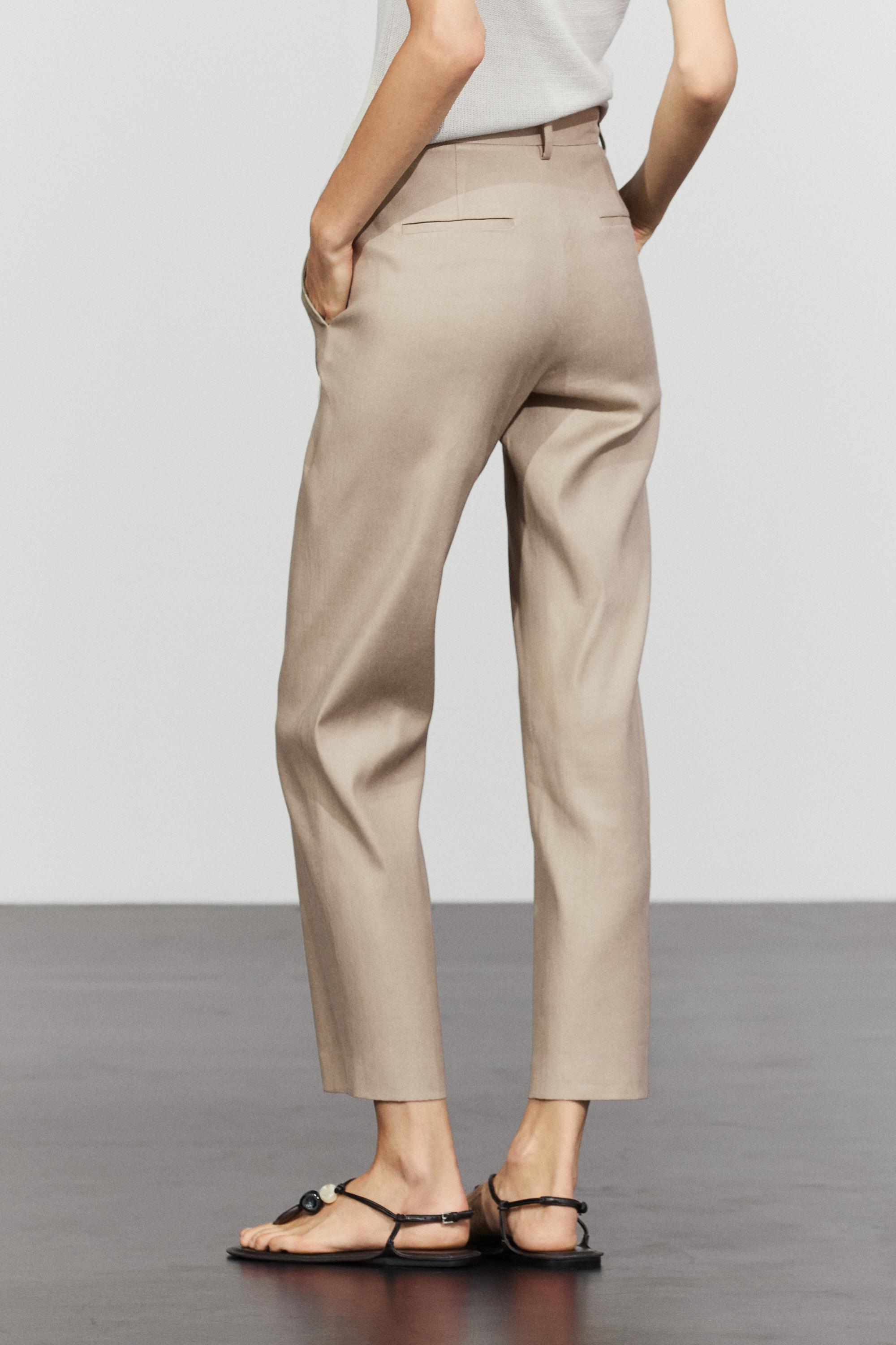 Straight-leg linen blend trousers — BEIGE