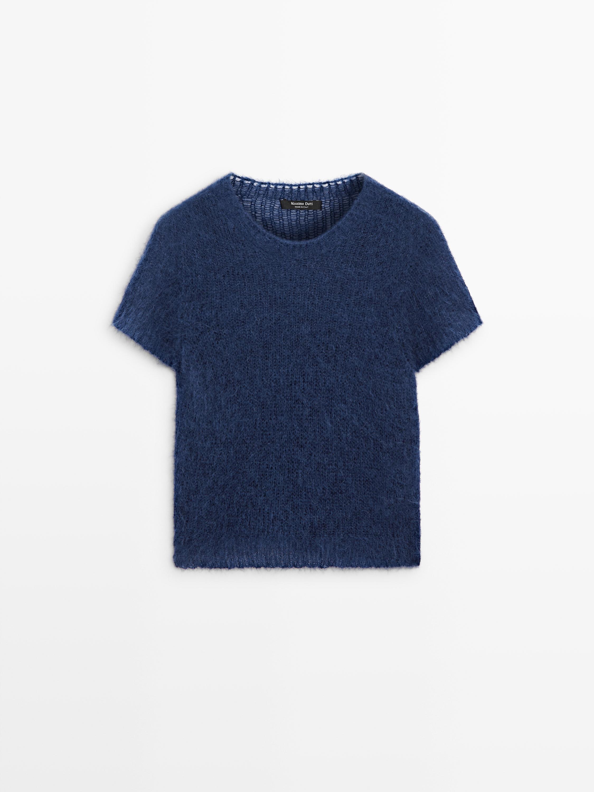 Short sleeve knit alpaca blend sweater — Dark Blue