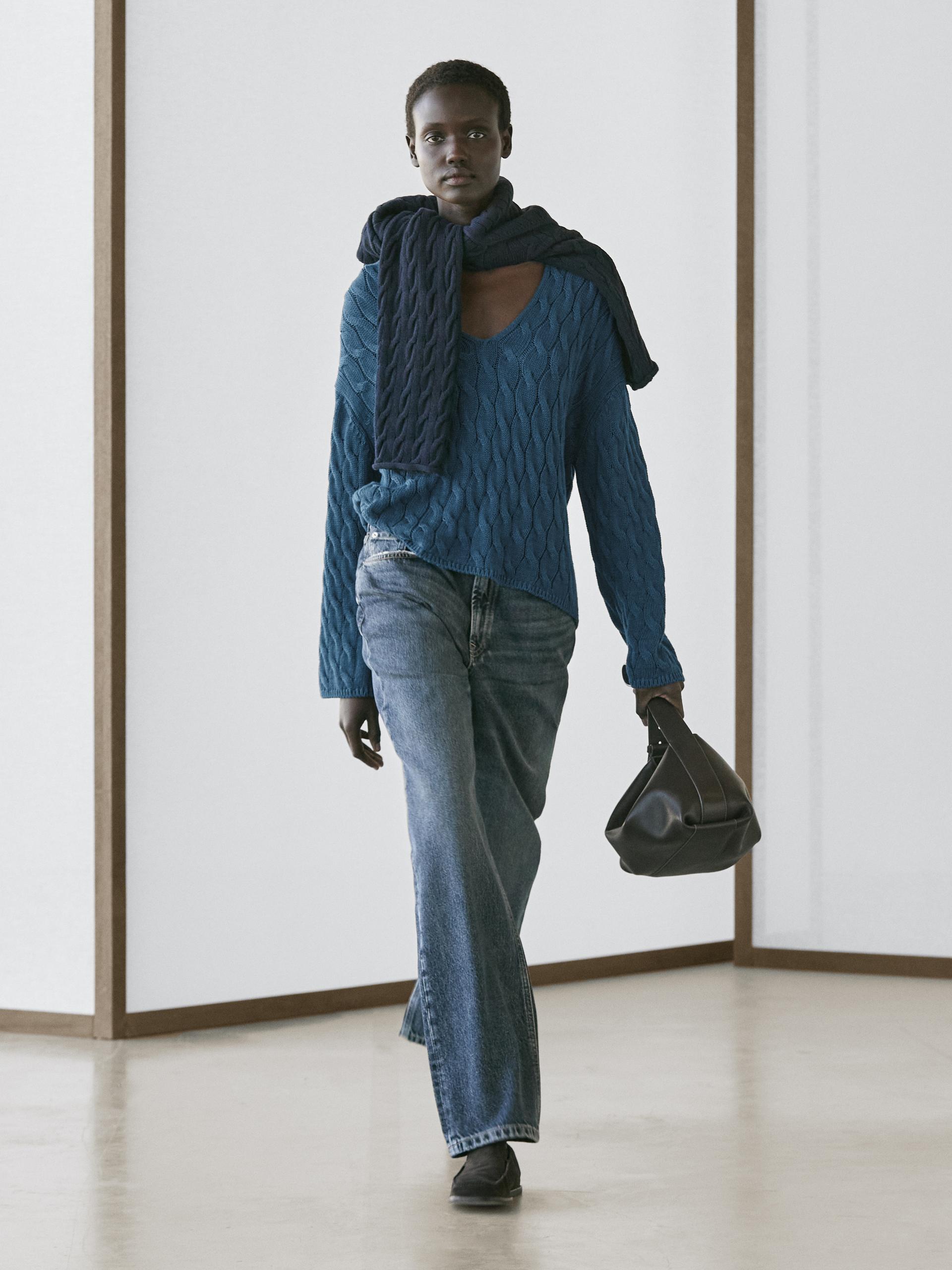 Pull En Maille À Détail De Nœuds En Coton Mélangé - Bleu Fort - M - Massimo Dutti - Femme