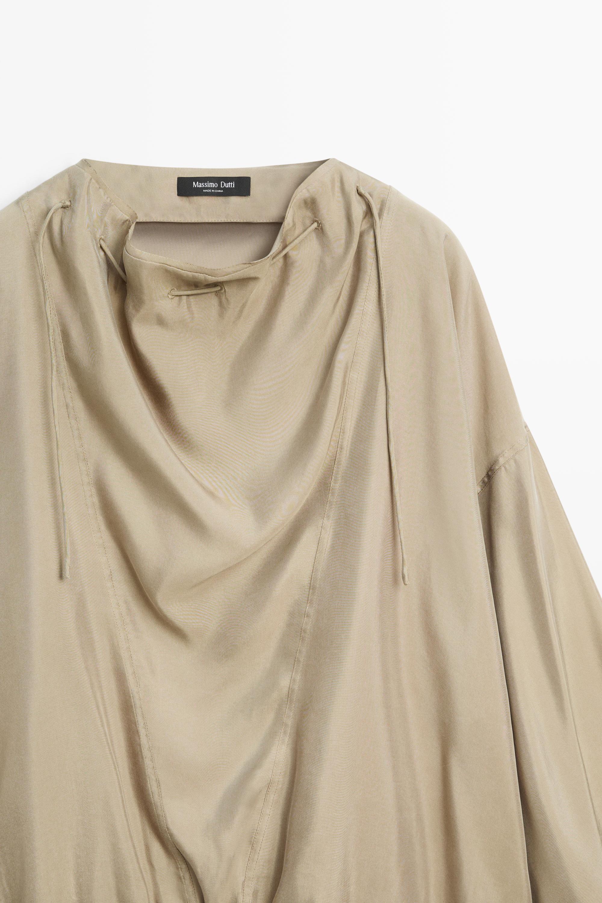 Flowing blouse with drawstring neck detail — STONE