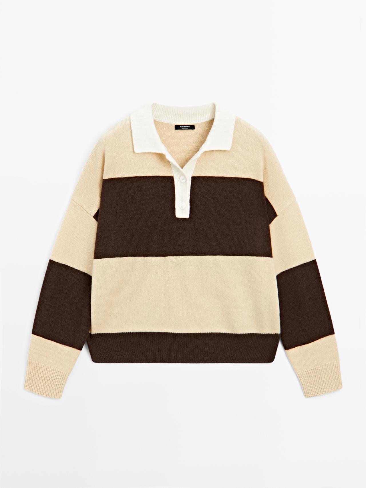 Massimo Dutti - Dame - Stribet Polotrøje I Uldblanding - Vanilje - Xs