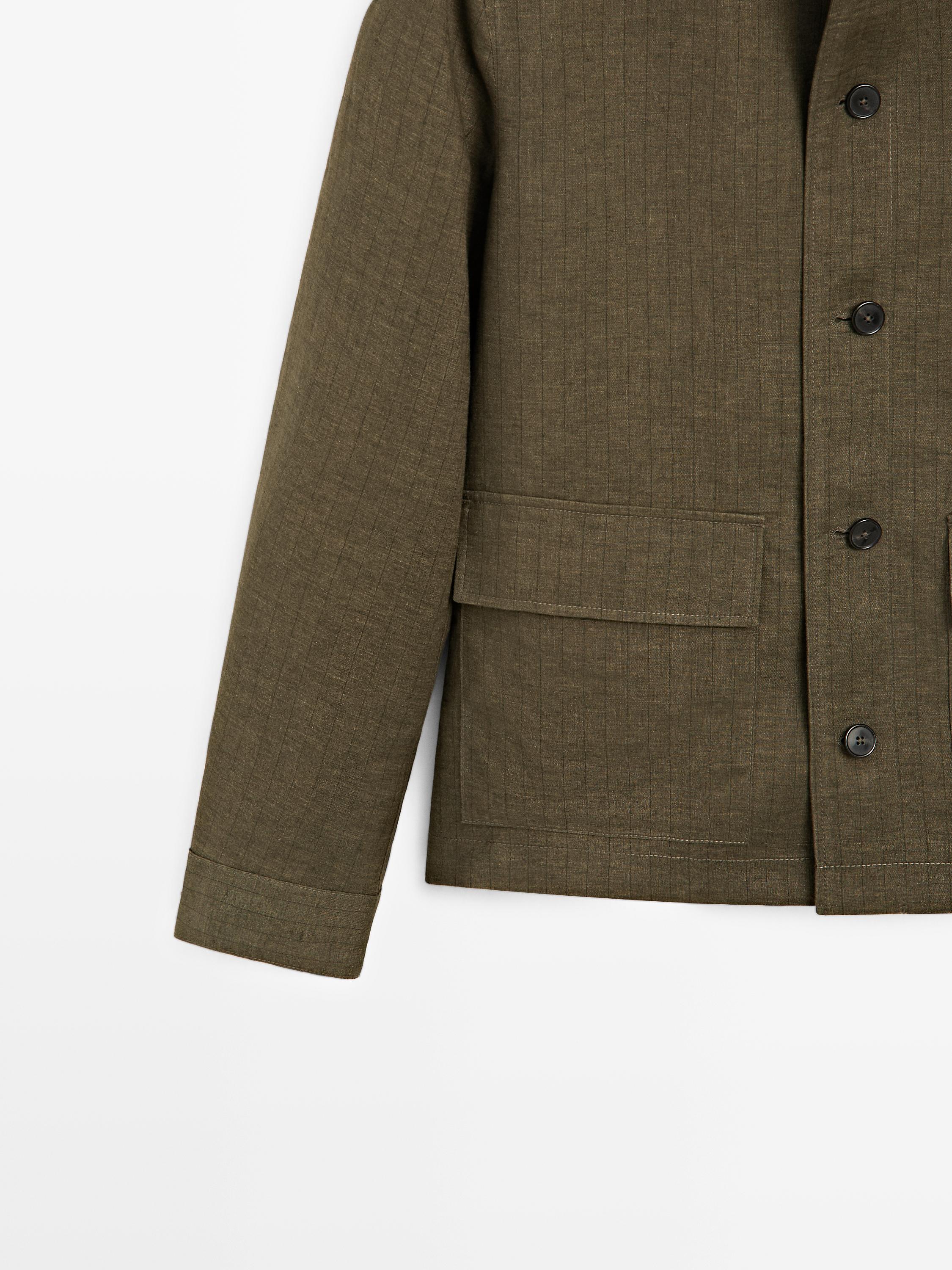 100% linen overshirt with pockets and striped detail — GREEN