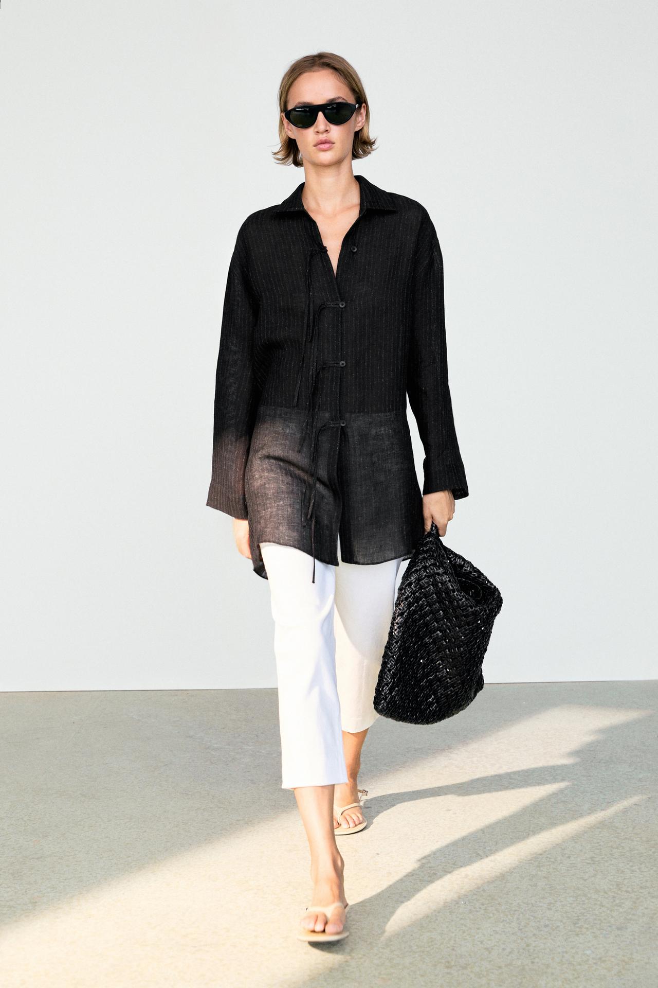 Striped linen blend oversize blouse with button detail — BLACK