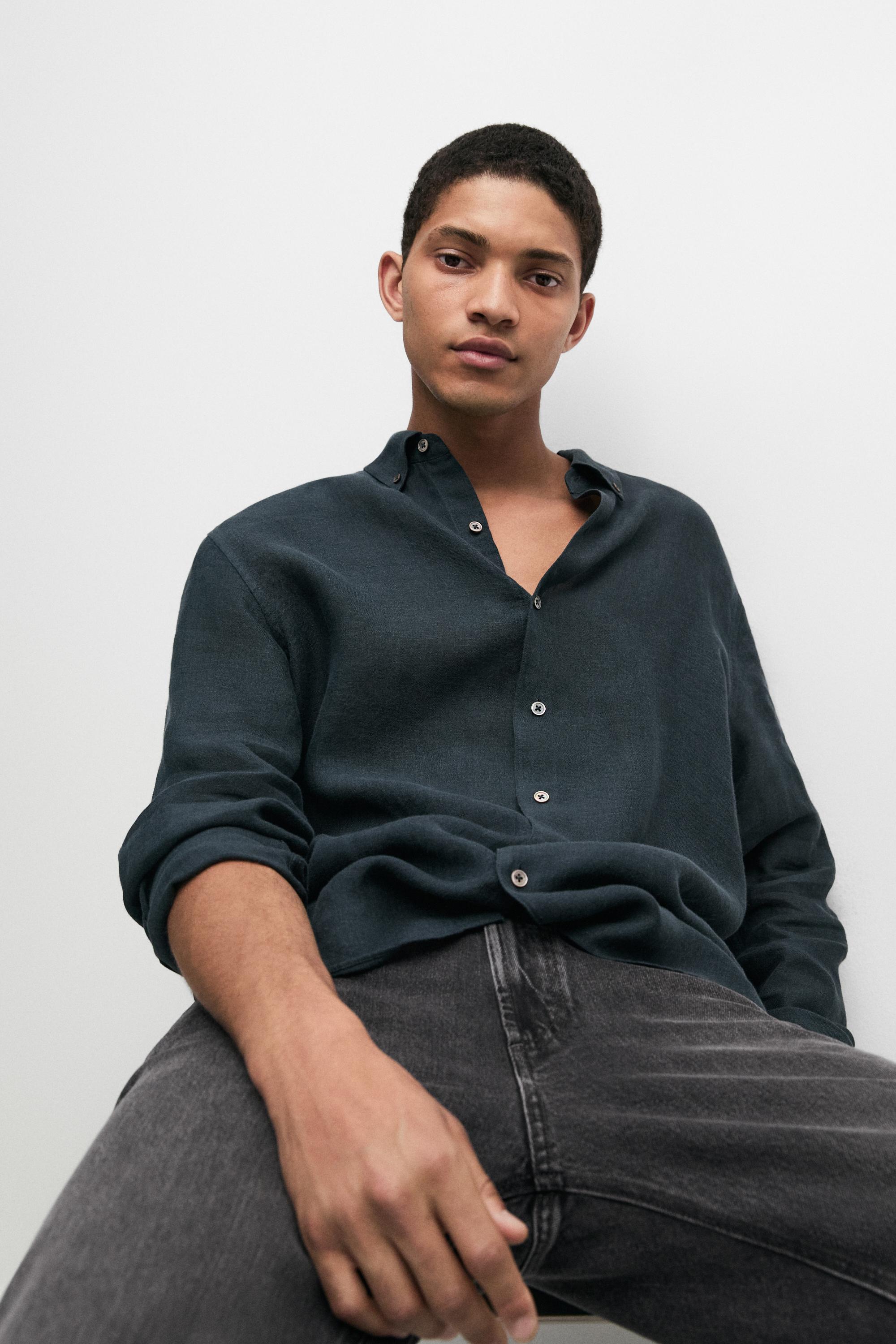 Regular fit 100% linen faded shirt — NAVY BLUE