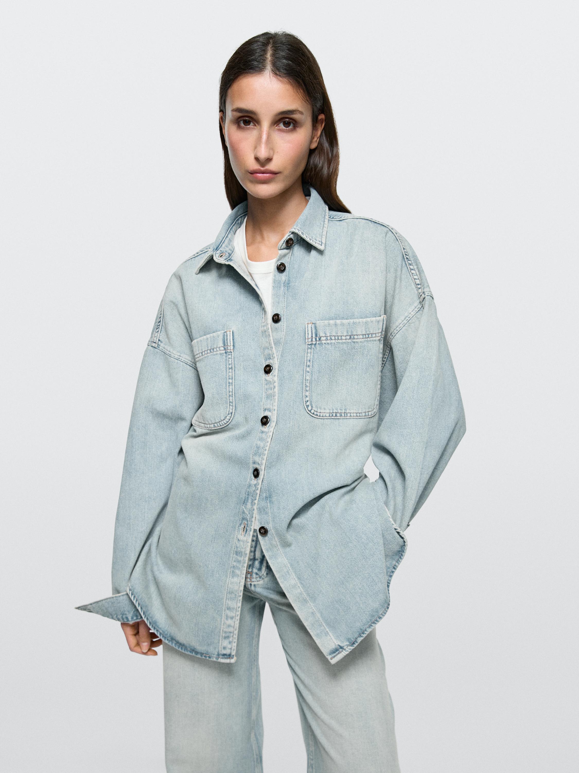 قميص دنيم قياس كبير بتفاصيل على الجيوب