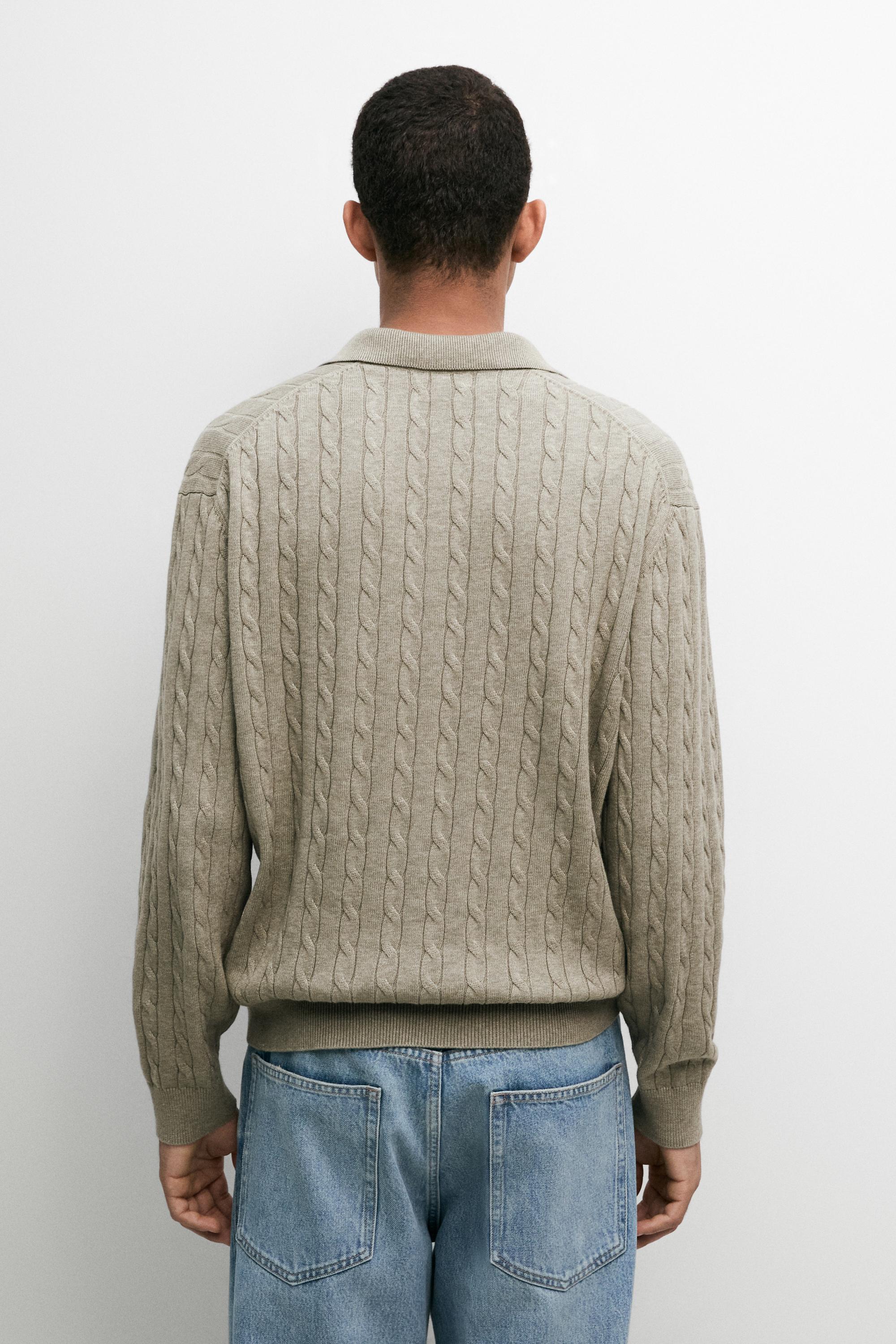 100% Cotton Cable-Knit Polo Sweater — Greyish green