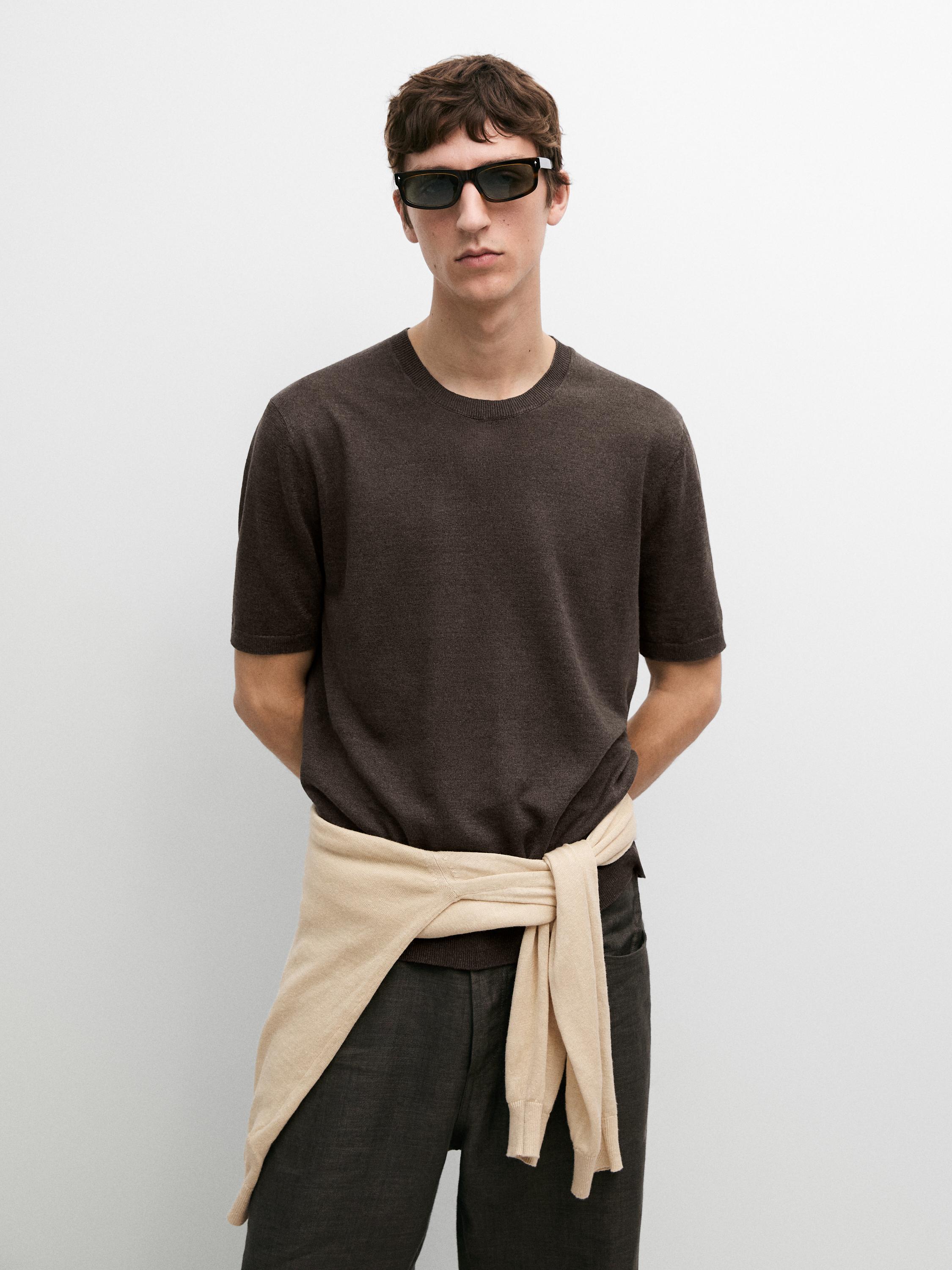 Lightweight 100% linen knit T-shirt — BROWN
