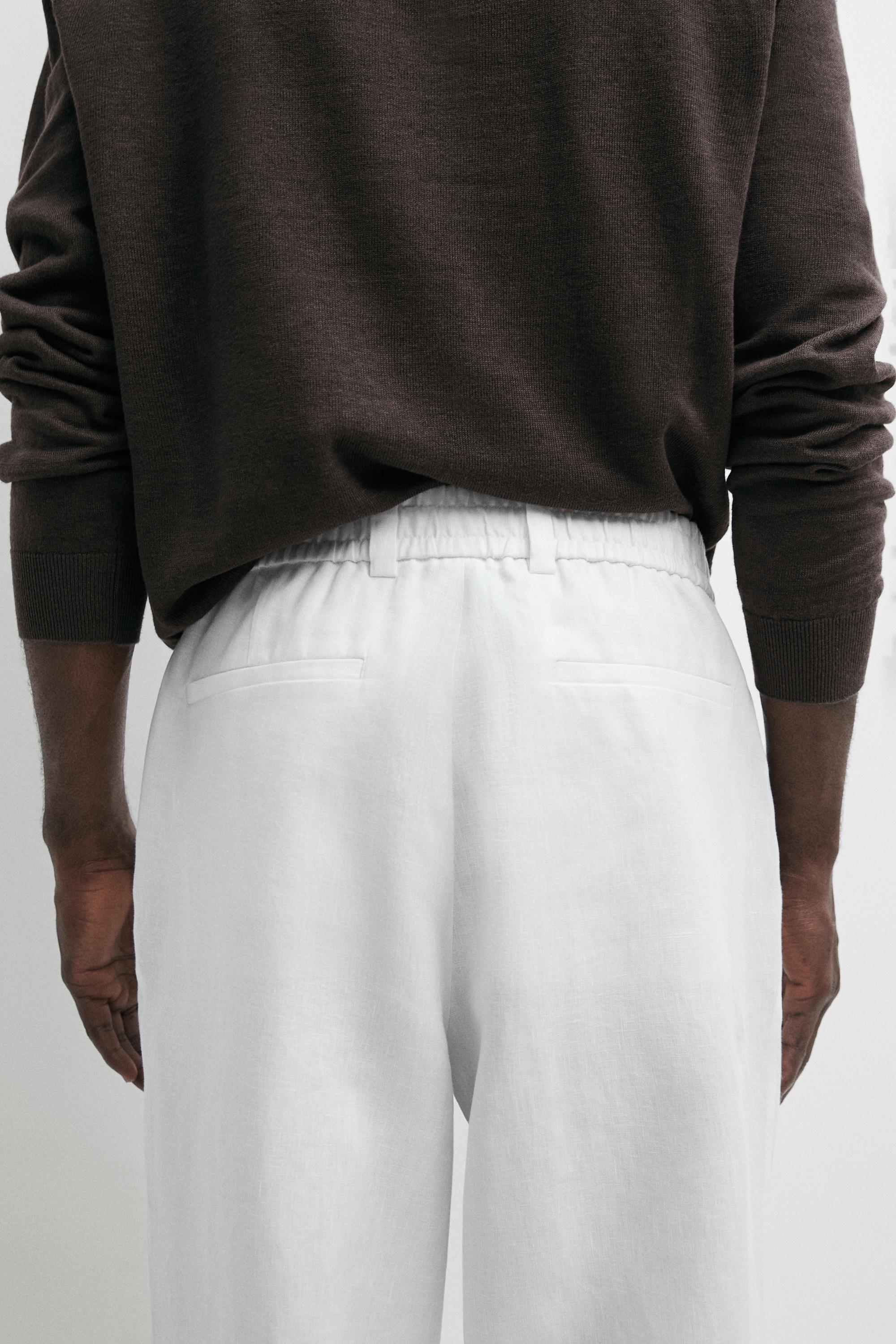 100% linen trousers with elasticated waist — WHITE