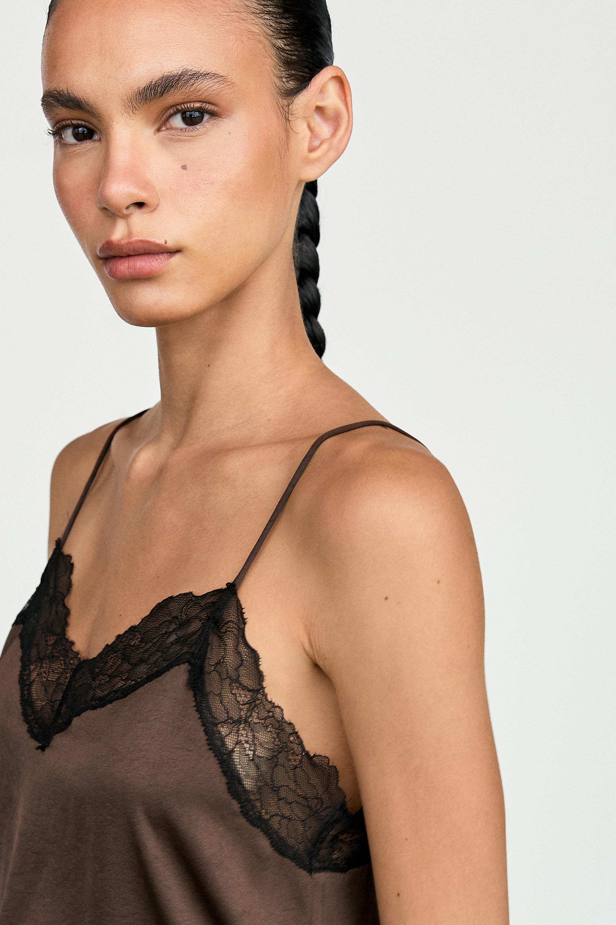Contrast lace camisole top — BROWN MARL