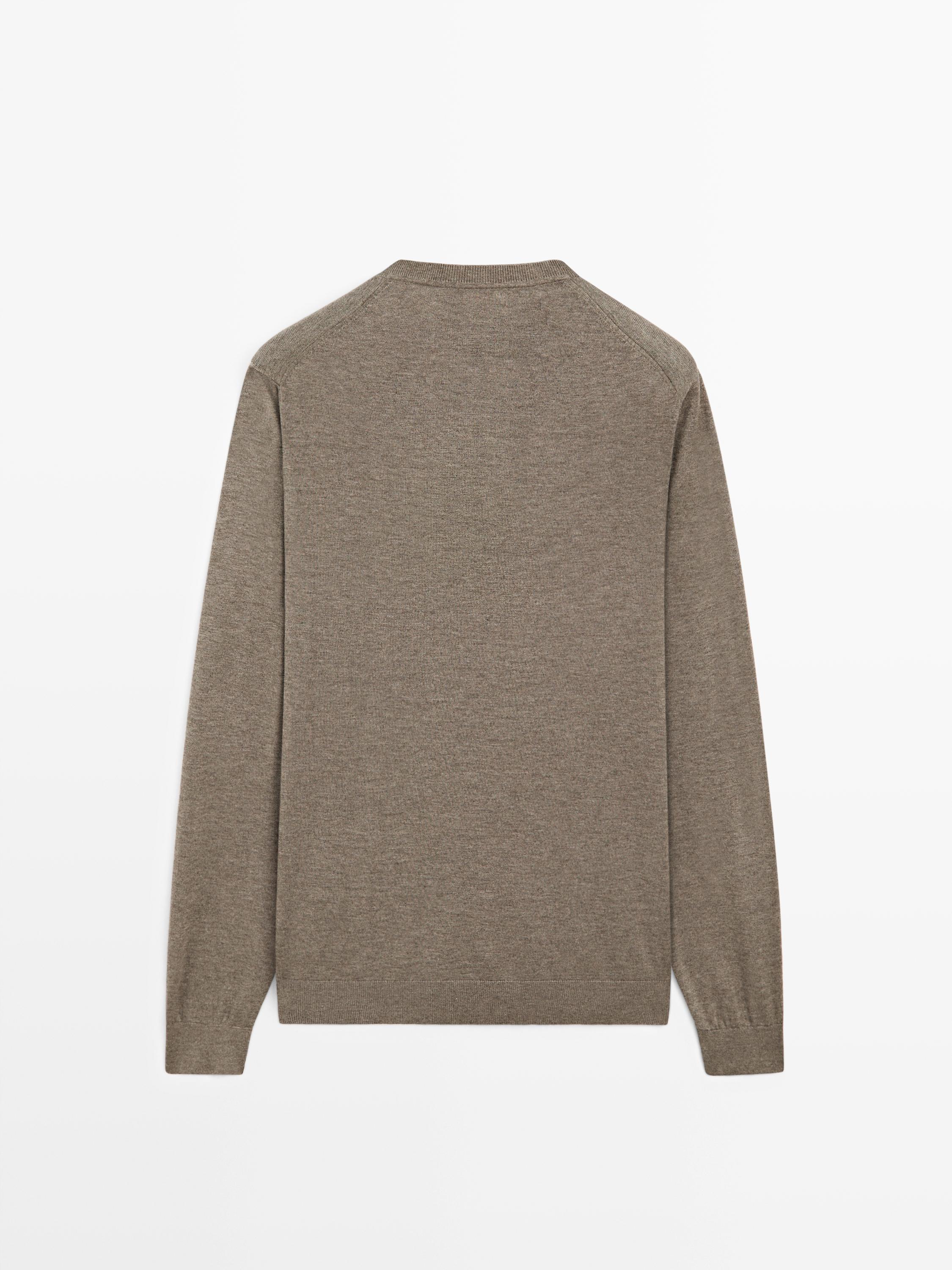 Cotton blend V-neck knit sweater — KHAKI