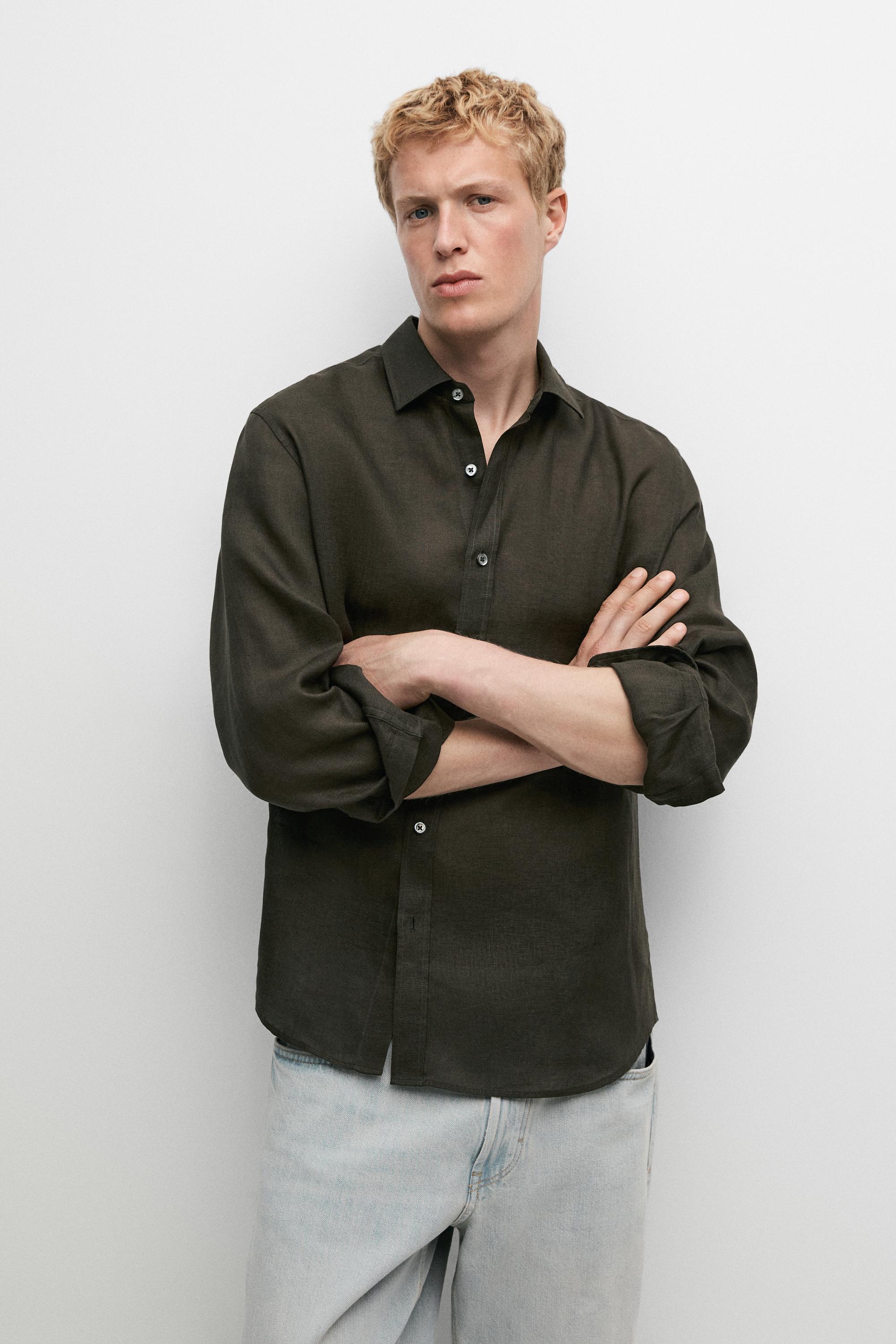 Regular fit 100% linen shirt — DARK GREEN