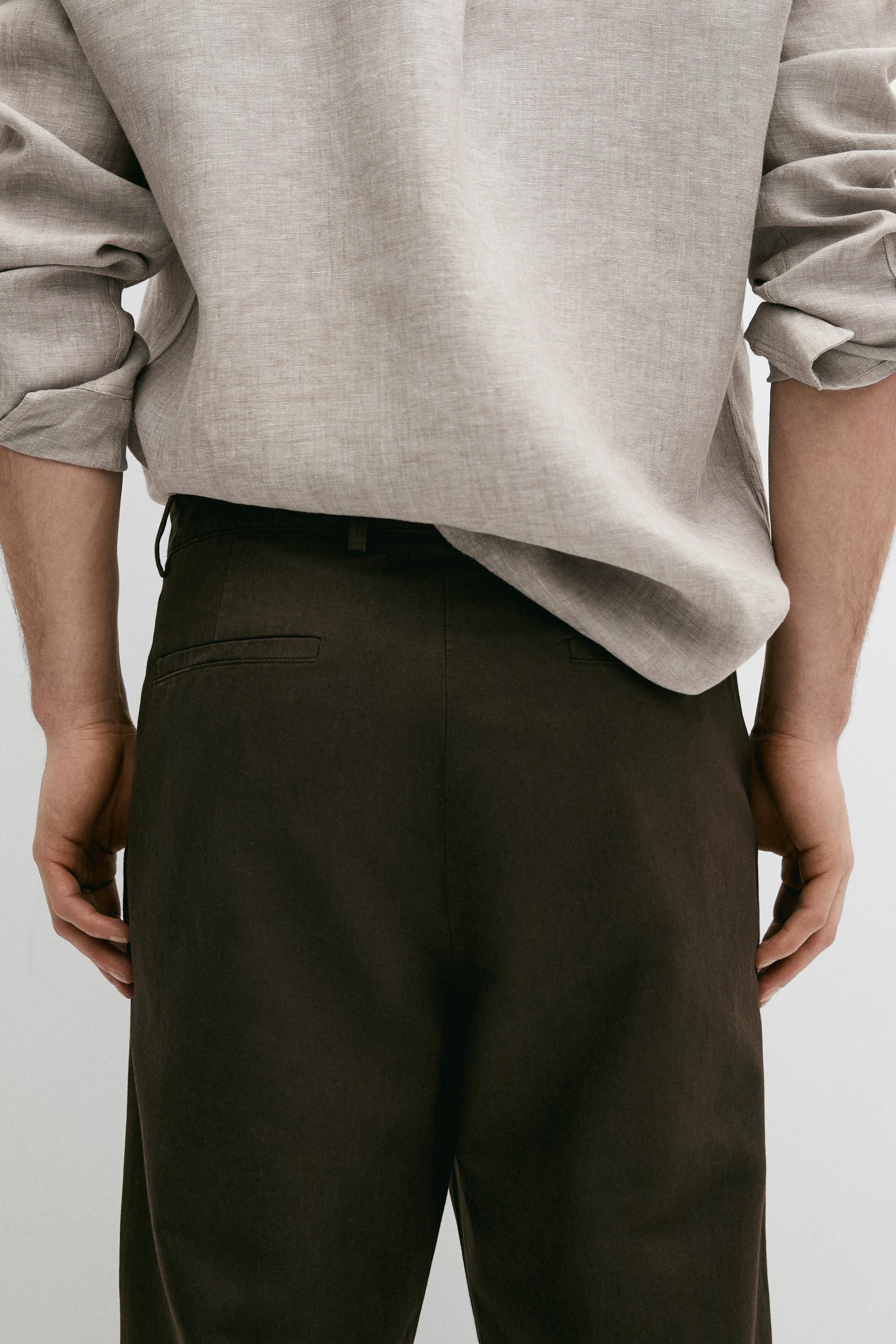 Straight-leg linen and cotton trousers with darts — BROWN