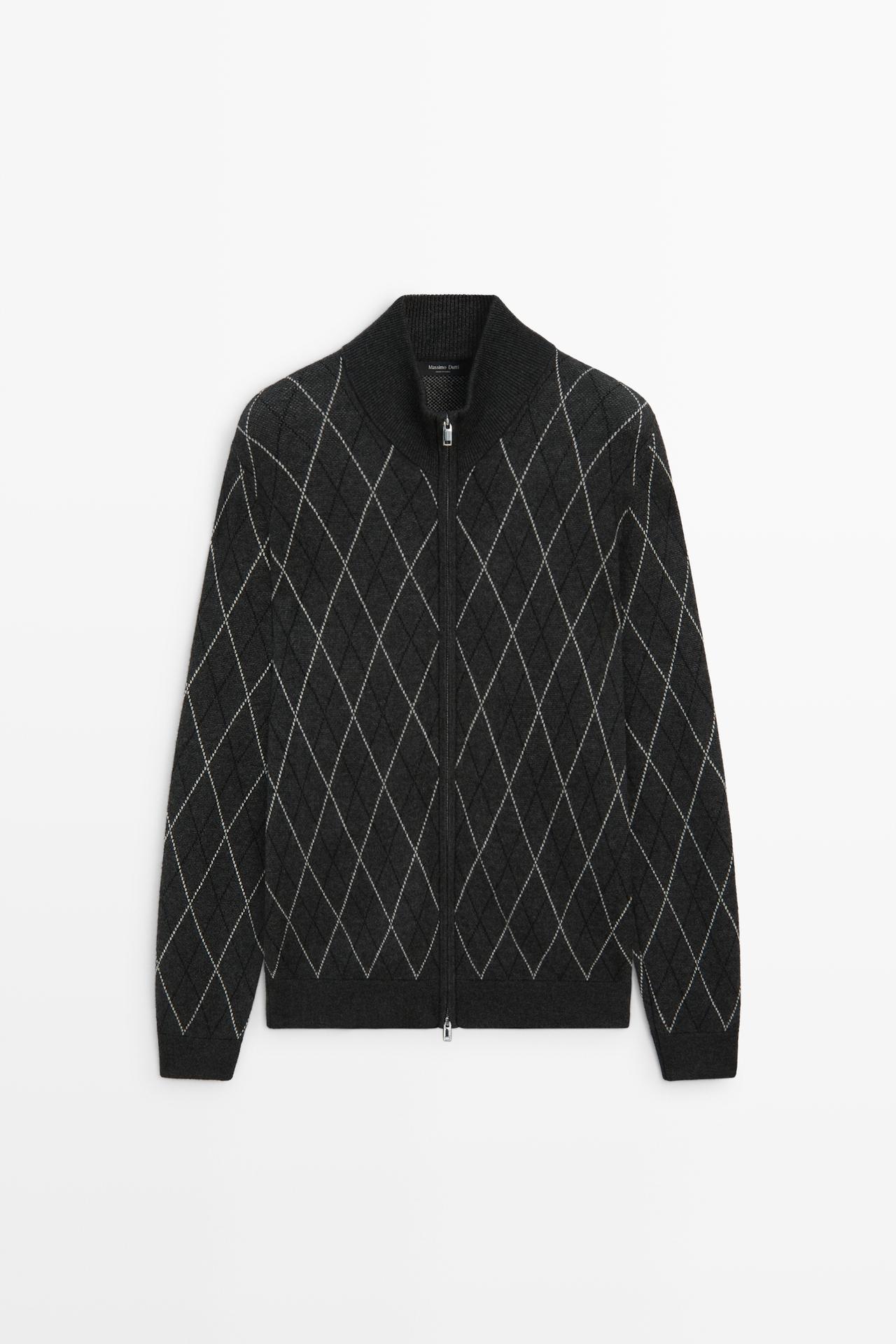 Wool blend argyle knit cardigan — CHARCOAL