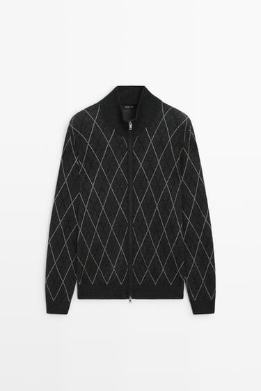 Wool blend argyle knit cardigan — CHARCOAL 2