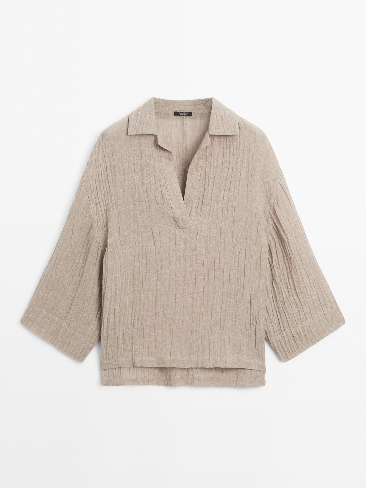 Massimo Dutti - Dame - Bluse I Hørblanding Med Blødt Fald Og Åben Halsudskæring - Beige - M