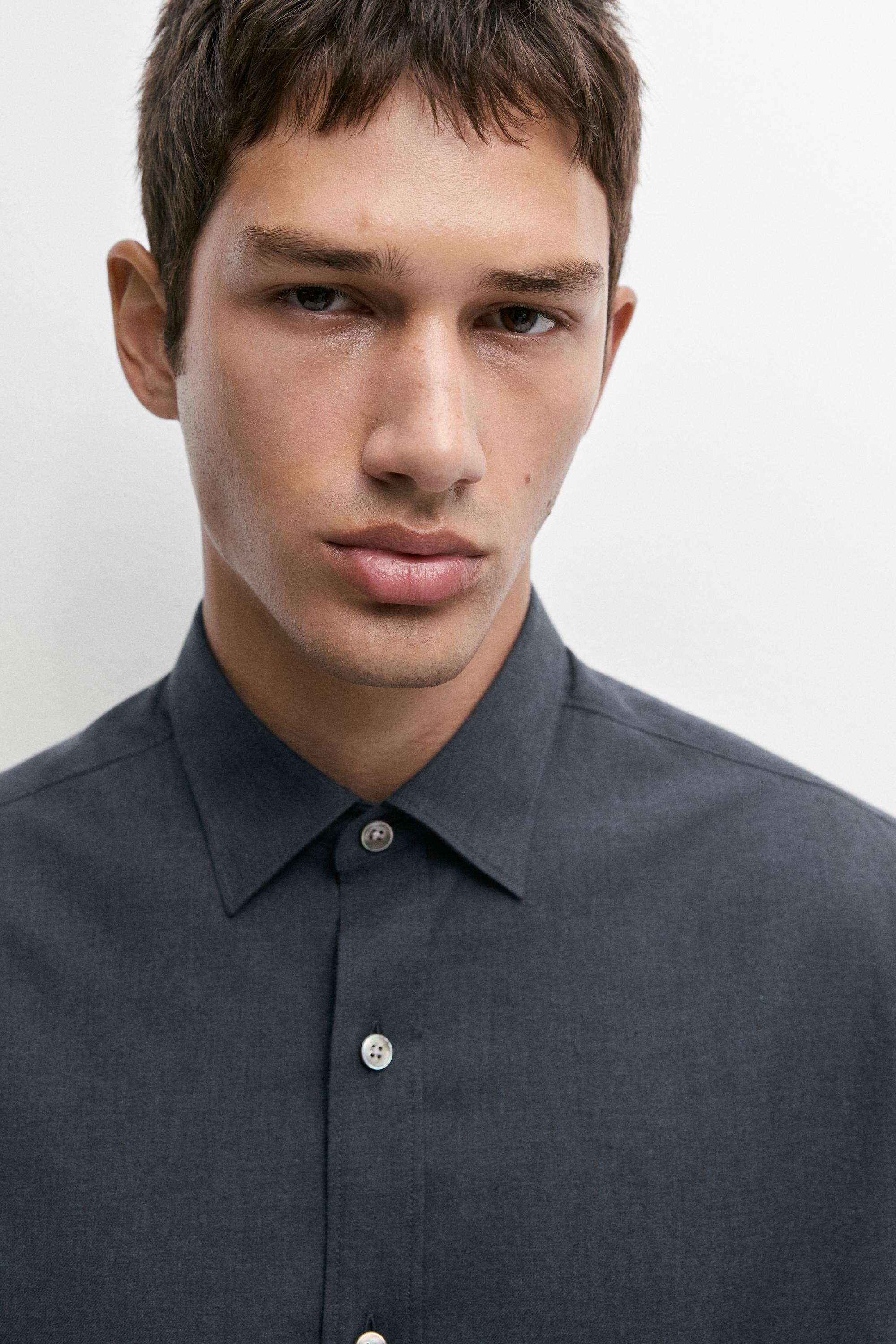 100% cotton melange twill regular fit shirt — NAVY BLUE