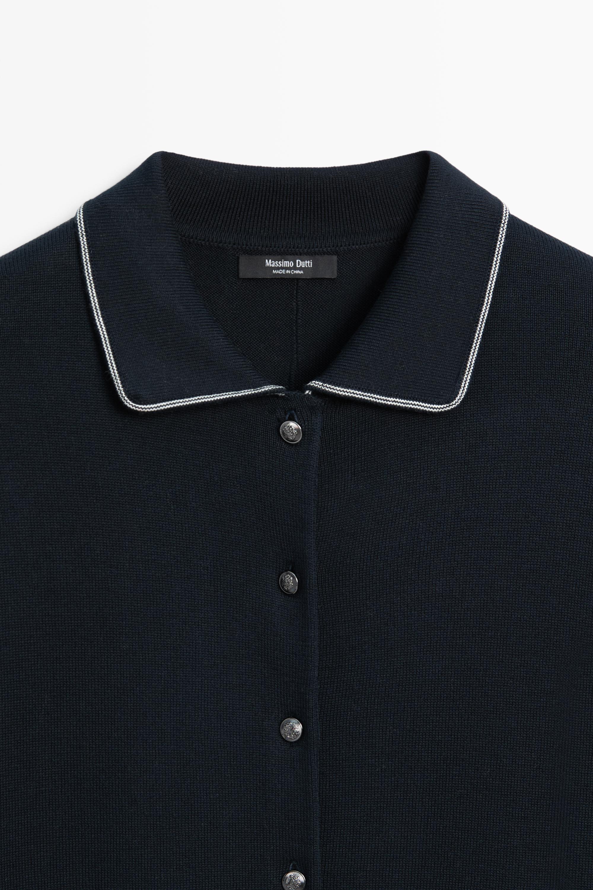 100% cotton contrast polo collar cardigan — NAVY BLUE