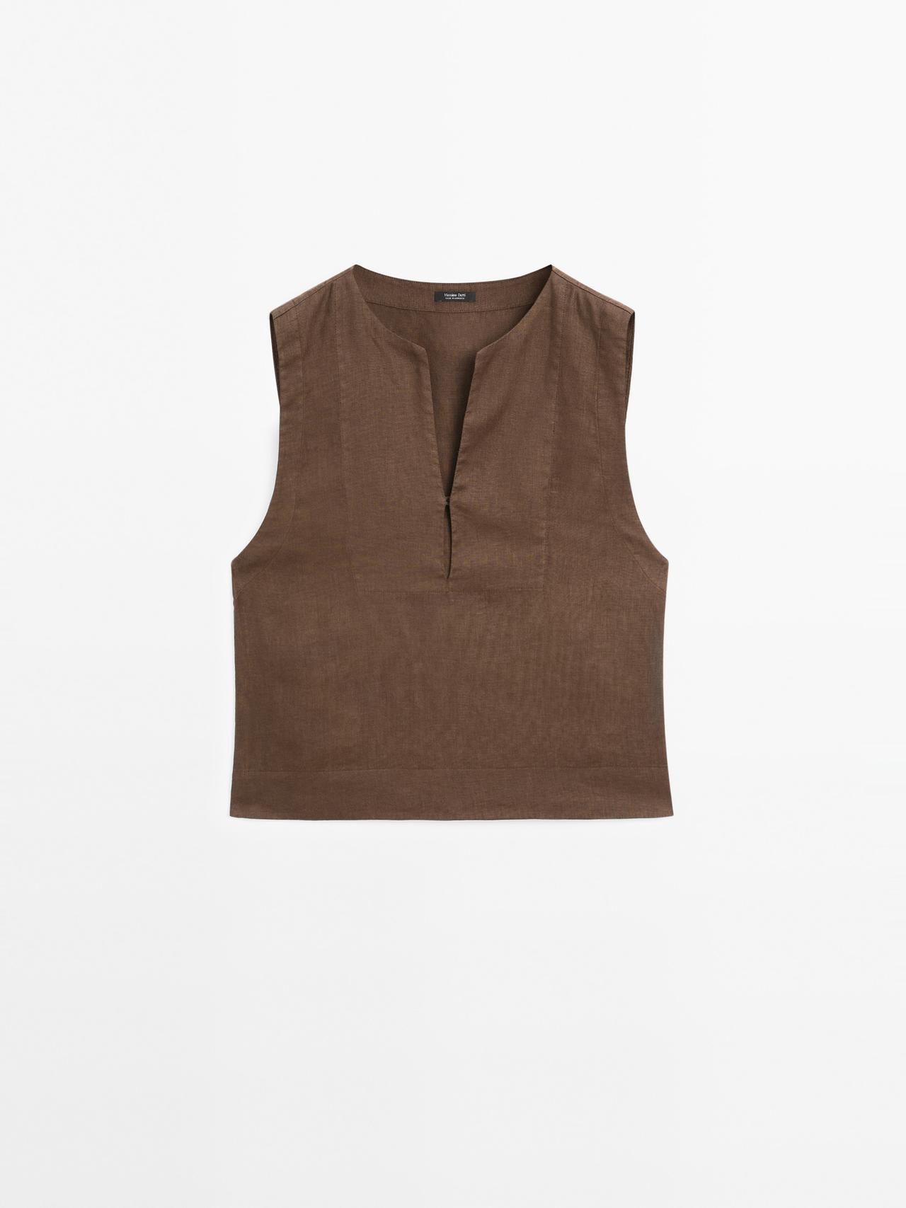Blouse 100 % Lin Avec Coutures - Marron - M - Massimo Dutti - Femme