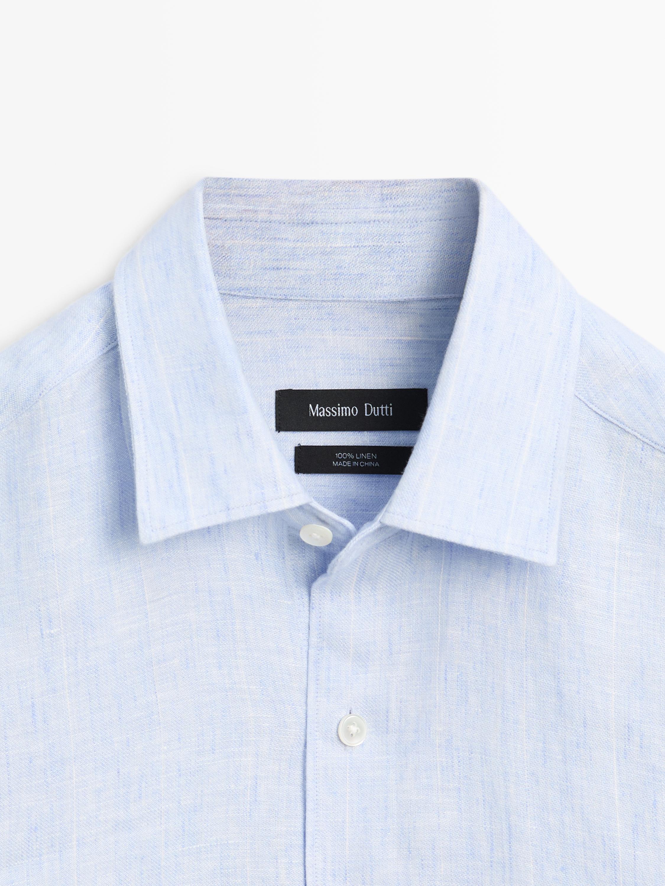 100% linen regular fit striped shirt — Light Blue