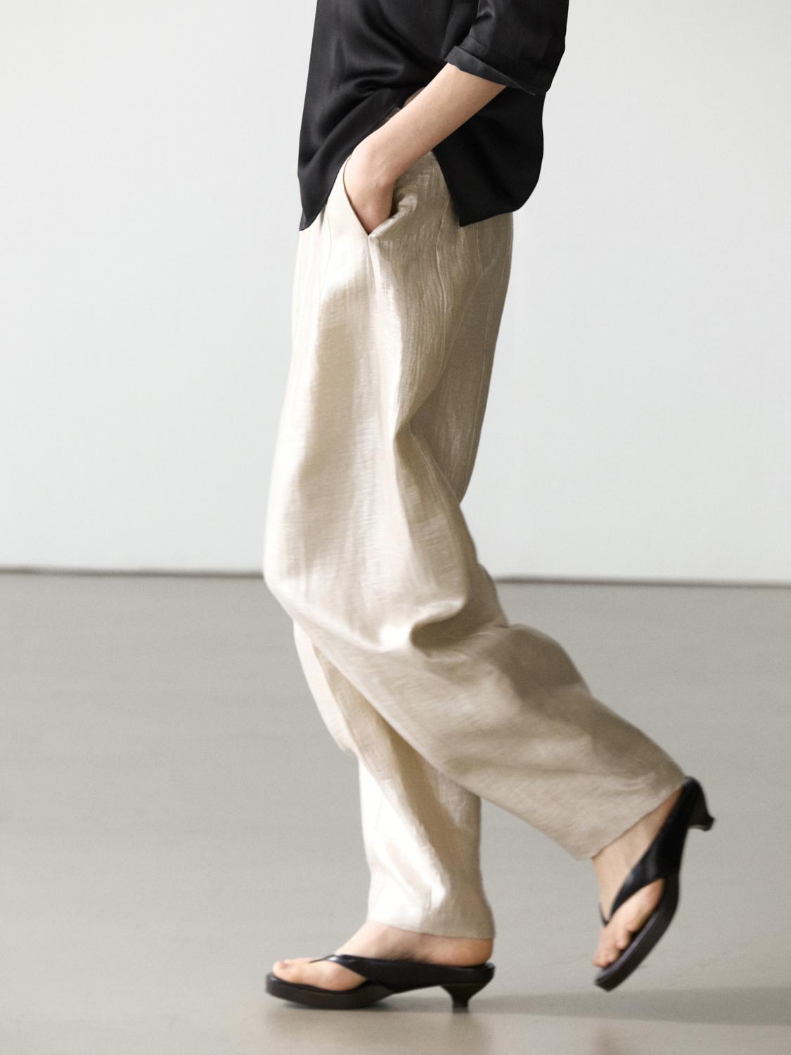 Flowing metallic linen trousers — BEIGE