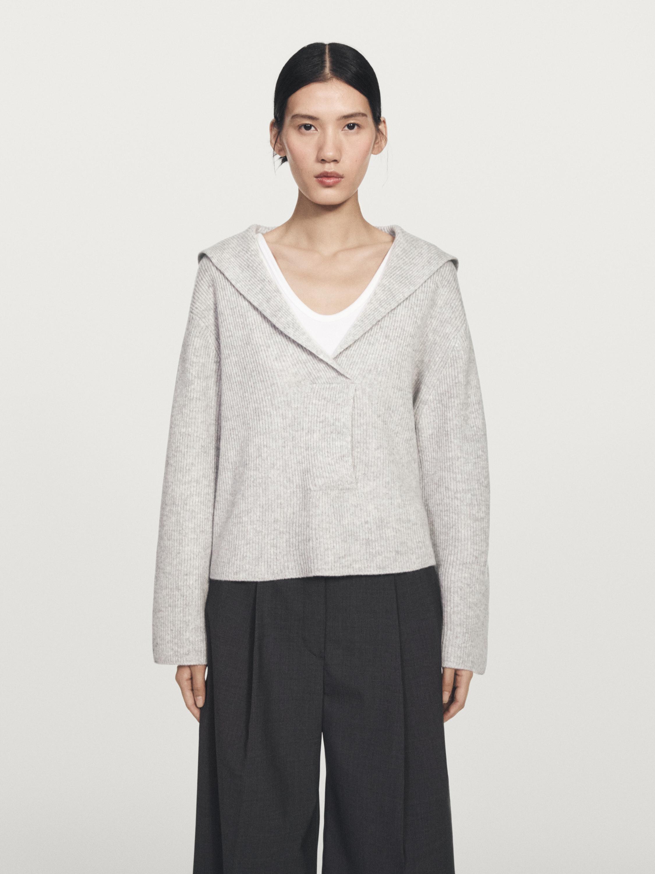 Knit V-neck sweater with lapel collar